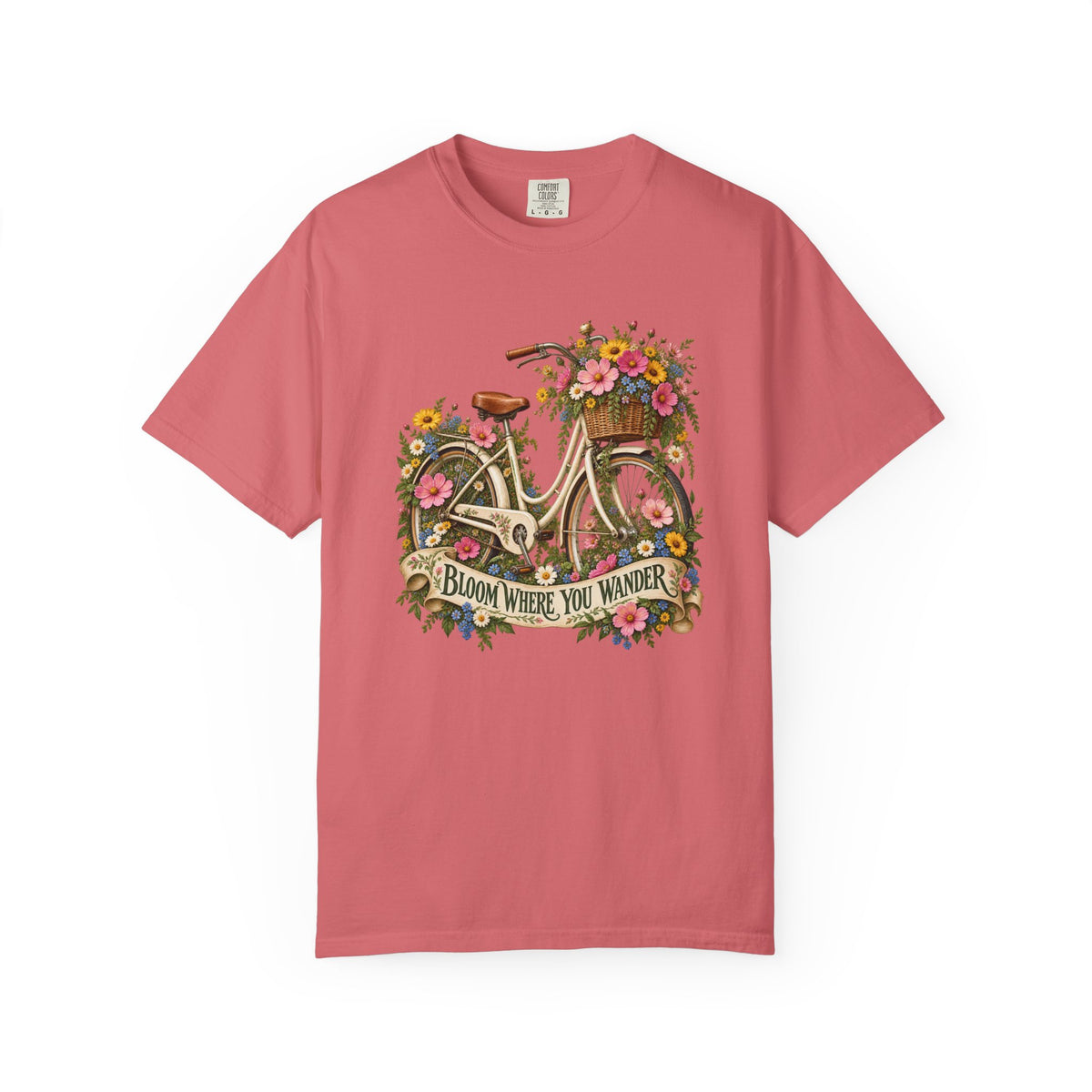 Bloom Where You Wander Floral Bicycle T-Shirt - the whole composition - bicycle, basket, flowers and banner - printed straight onto the garment colour with no panel or frame
