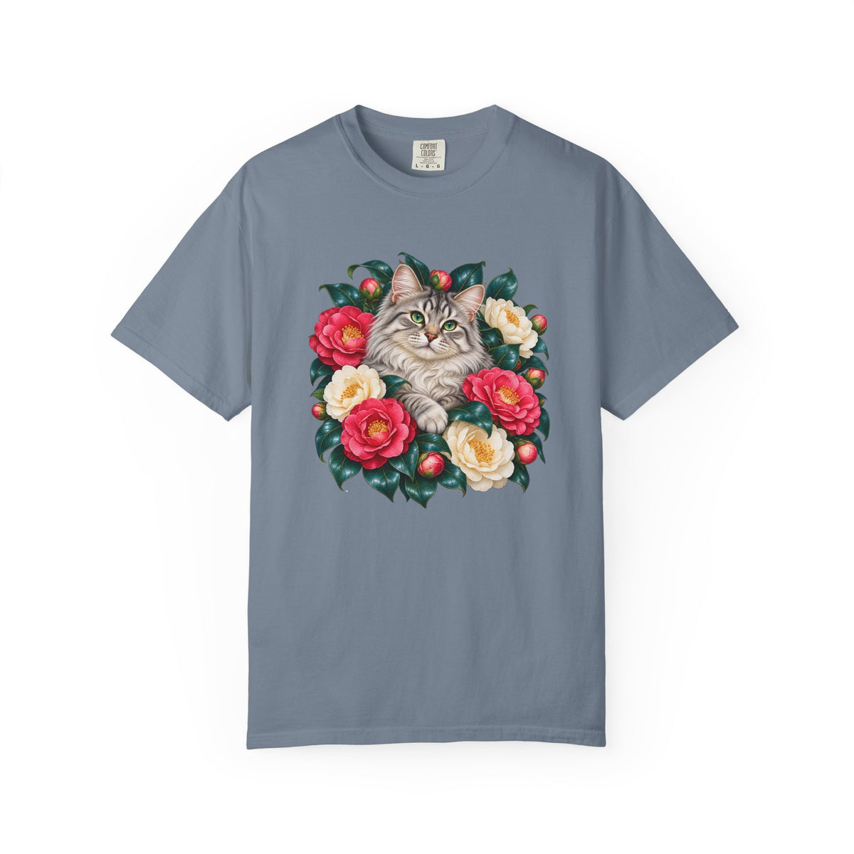 Camellia wreath and silver tabby cat graphic tee - printed graphic, not embroidery, on garment-dyed heavyweight cotton