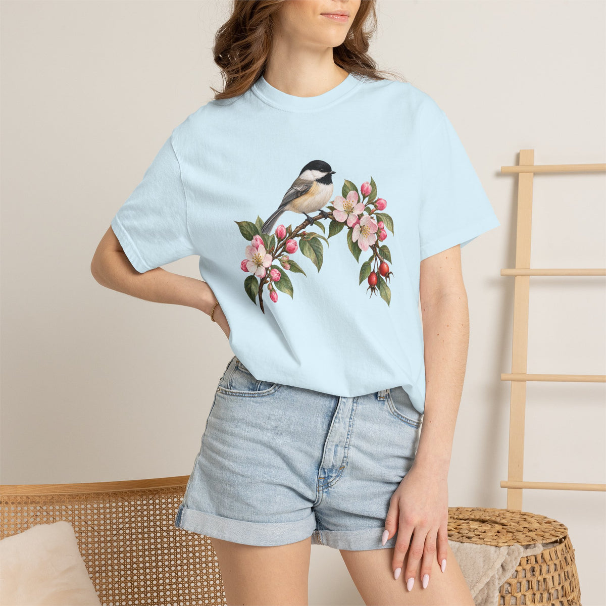 Chickadee & Apple Blossom T-Shirt — Garment-Dyed Cotton