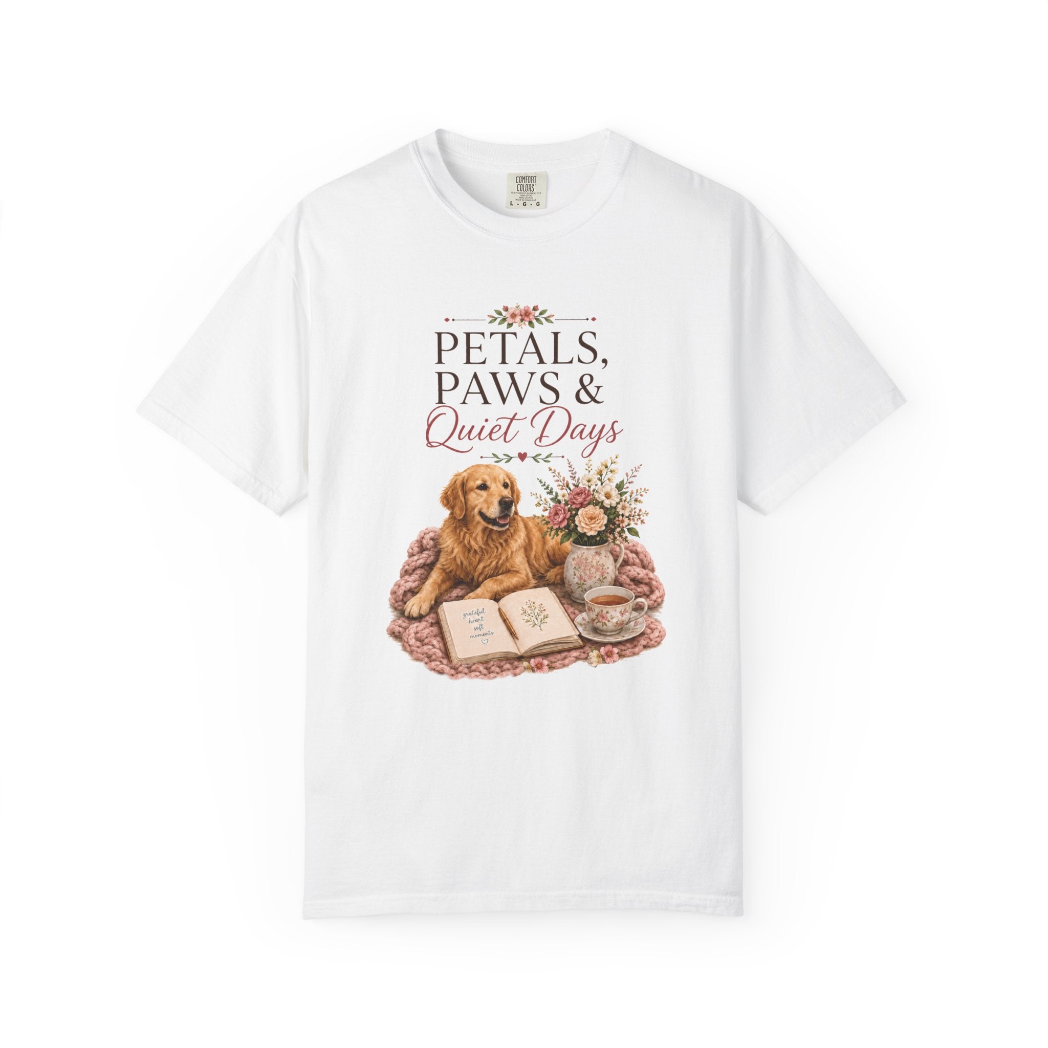 Petals Paws and Quiet Days Golden Retriever tee front view