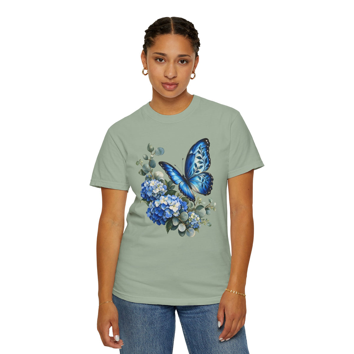 Blue Morpho & Hydrangea T-Shirt — Garment-Dyed Cotton