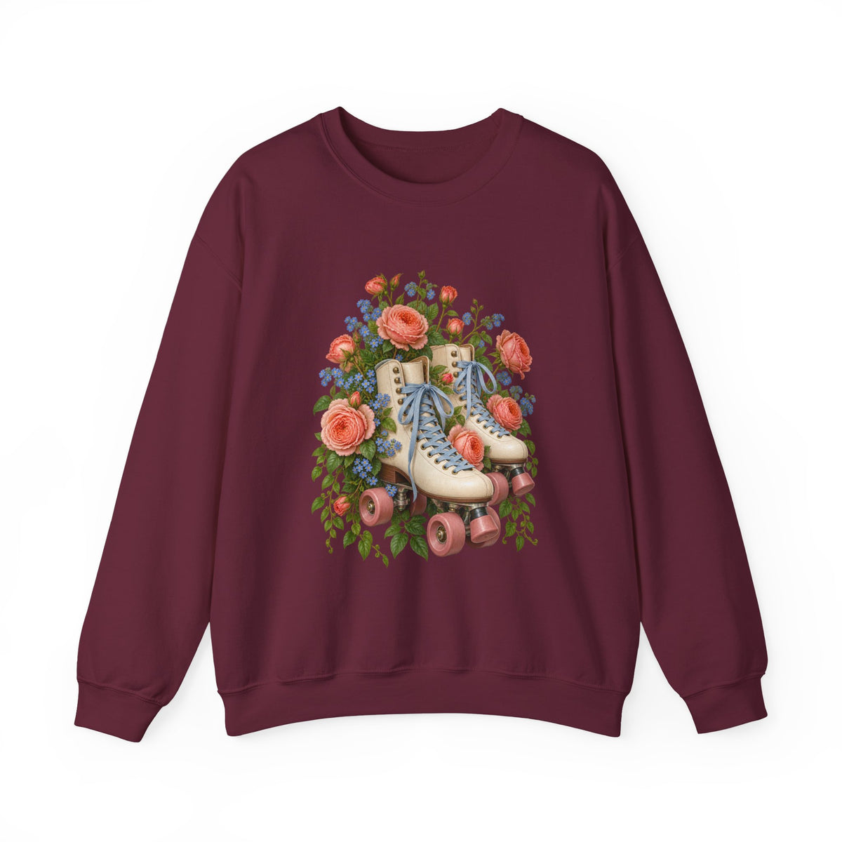 She Still Rolls crewneck sweatshirt, cream roller skates with blue laces and dusty pink wheels among coral roses, small blue flowers and trailing greenery, image 2 of 21