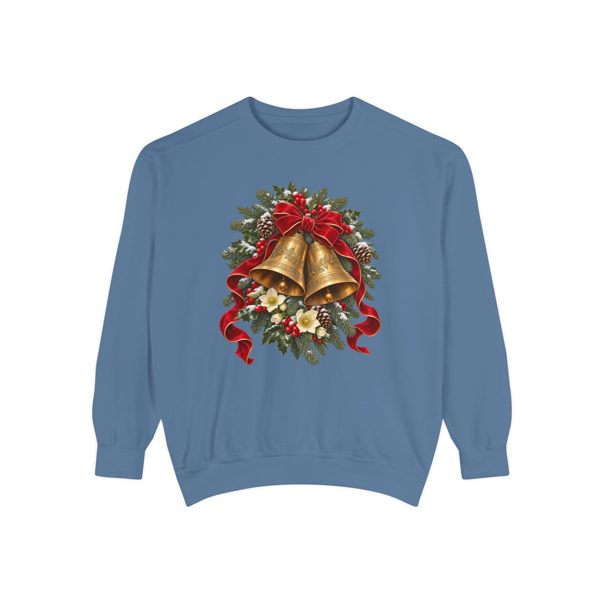 Vintage Christmas bells sweatshirt in Blue Jean, front view