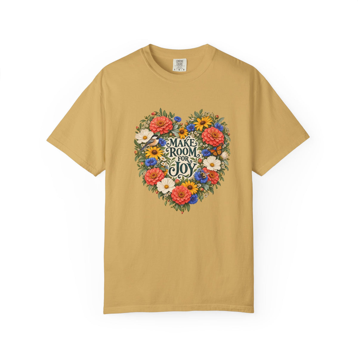 Make Room for Joy Floral T-Shirt - green leaves filling the spaces between the flowers of the rounded arrangement