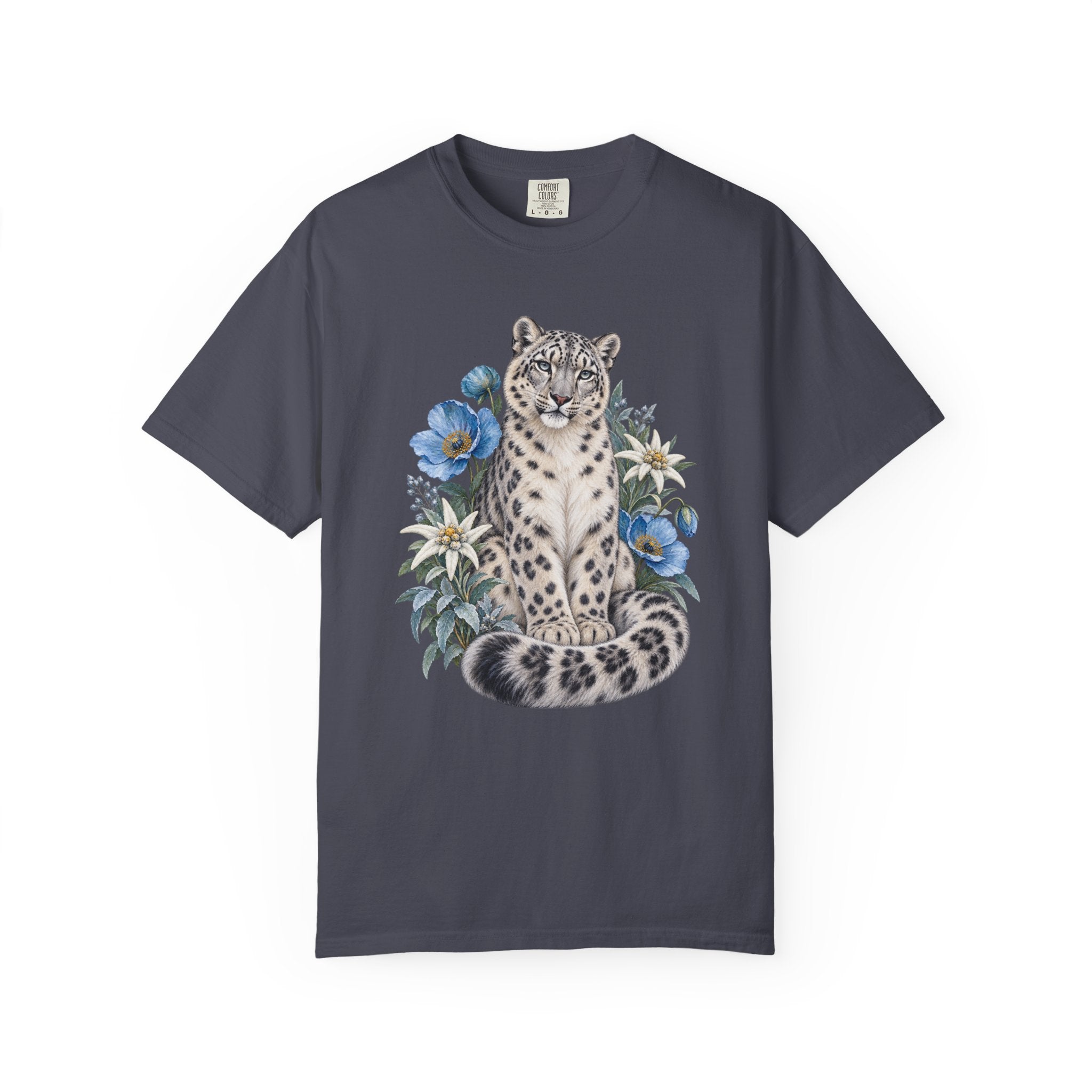 Snow Leopard & Blue Poppy T-Shirt — heavyweight garment-dyed cotton, sizes S to 4XL