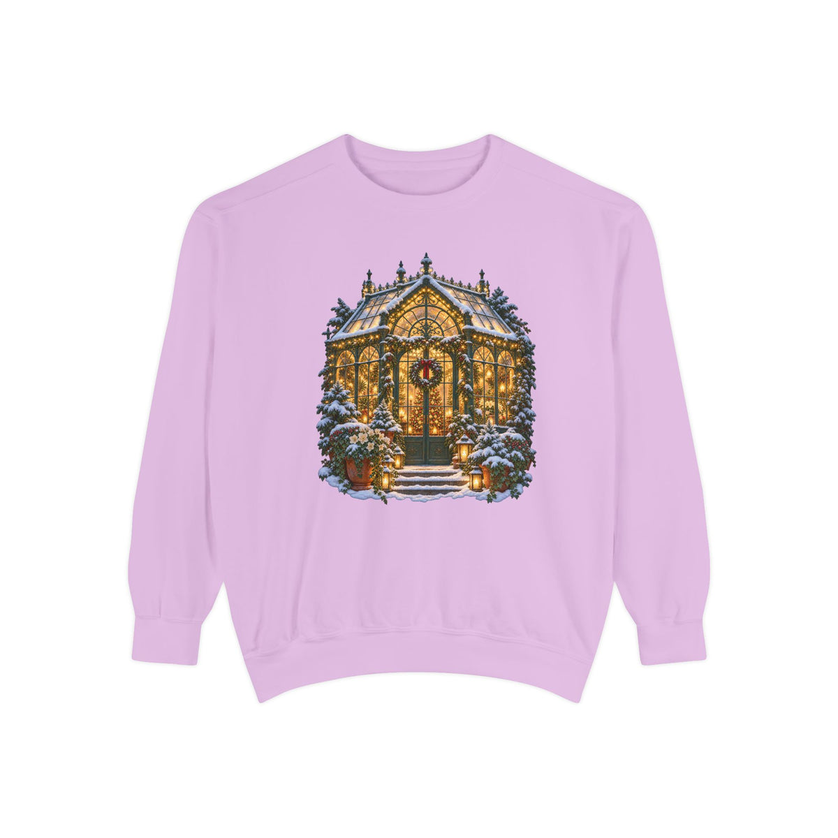 Christmas greenhouse sweatshirt in Orchid, a light lavender garment-dyed Comfort Colors 1566 crewneck with a lit snowy conservatory