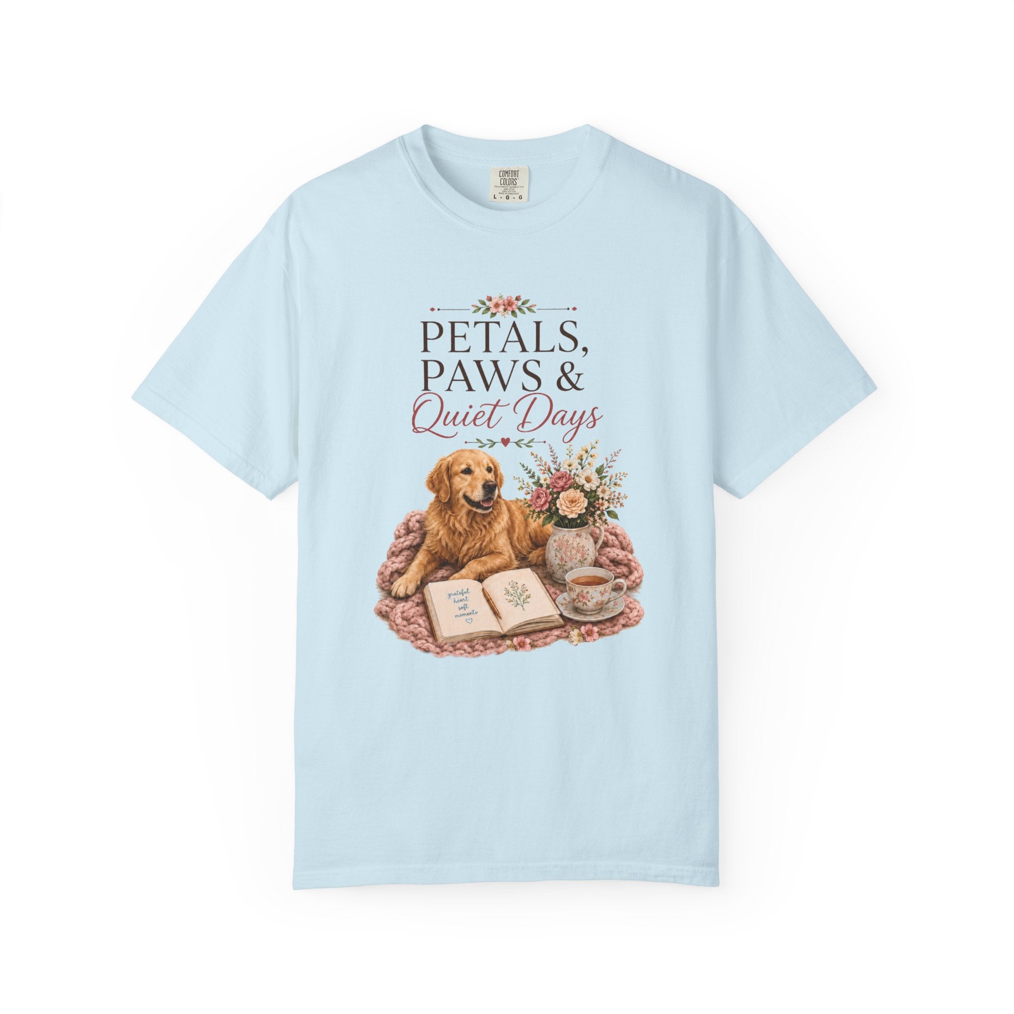 Petals Paws and Quiet Days Golden shirt on model