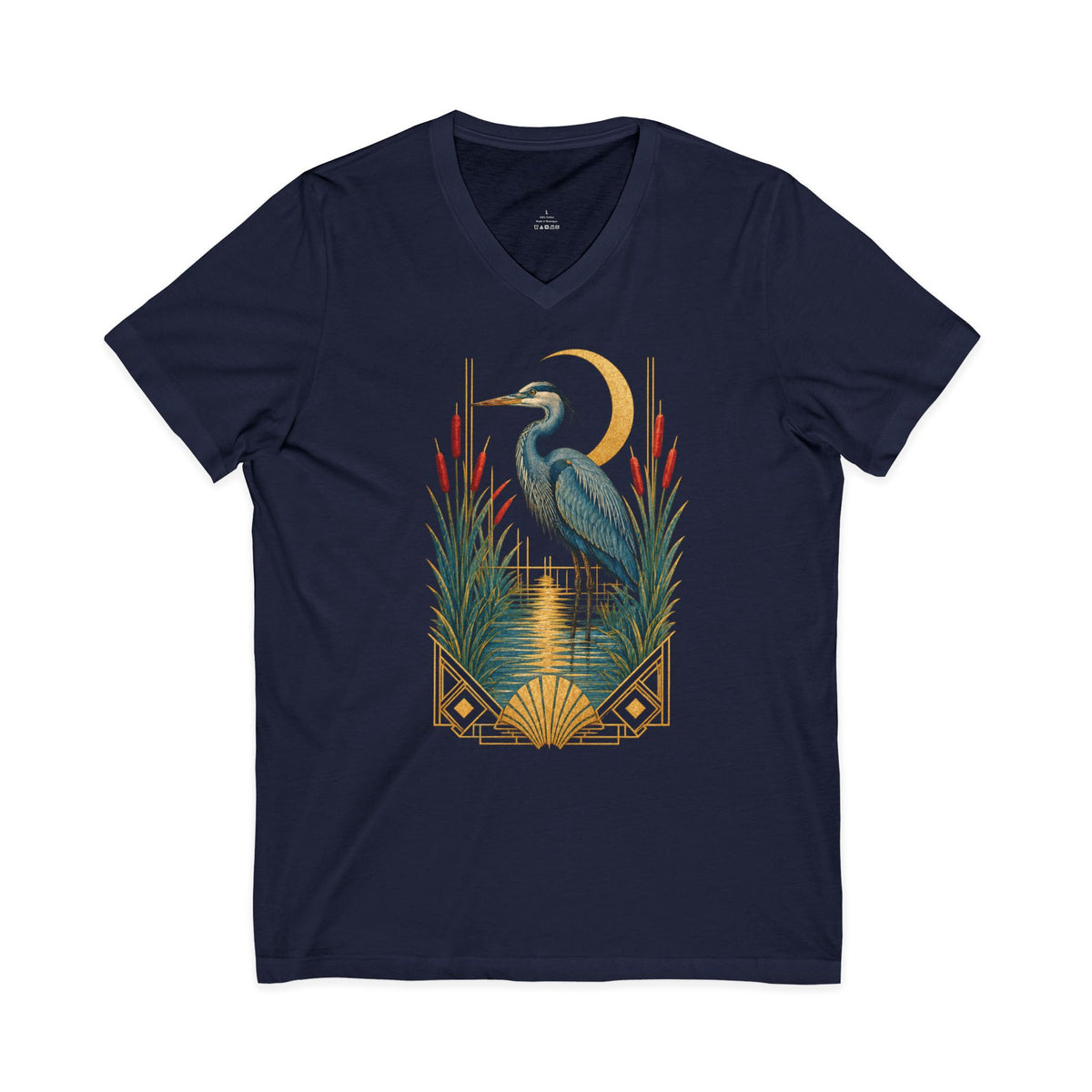 Art Deco Heron & Cattails V-Neck T-Shirt