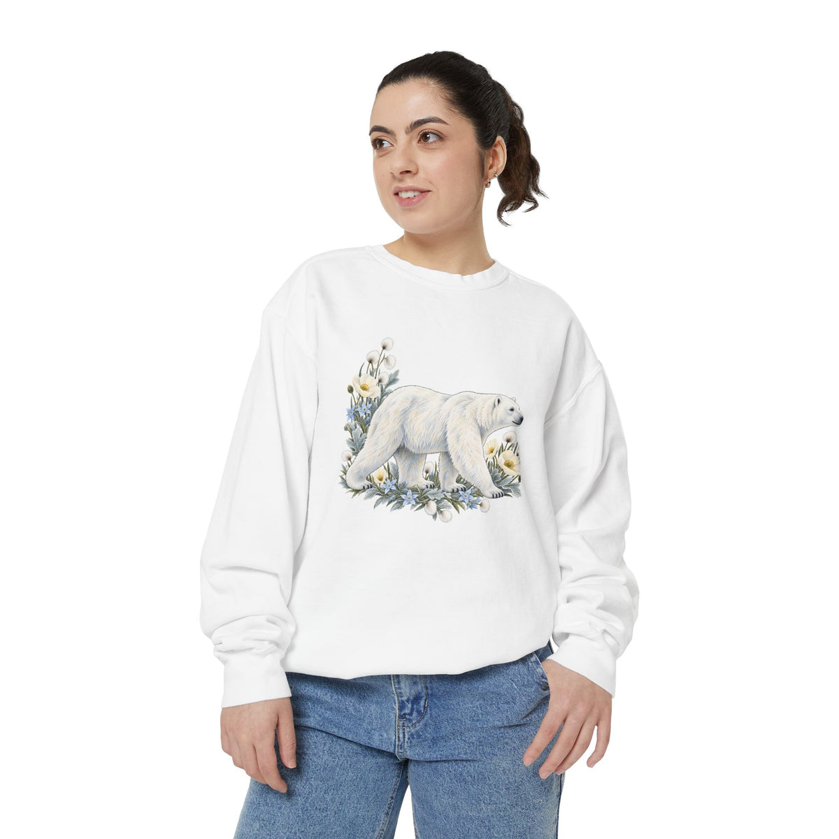 Polar Bear & Arctic Blooms Sweatshirt — Garment-Dyed Fleece