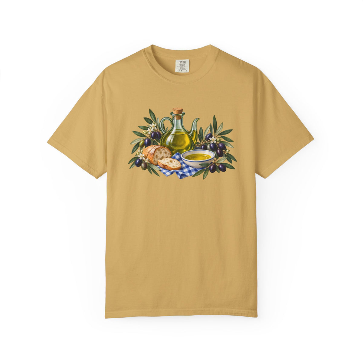 Pass the Bread tee in Mustard, golden olive oil and rustic bread with olive branches