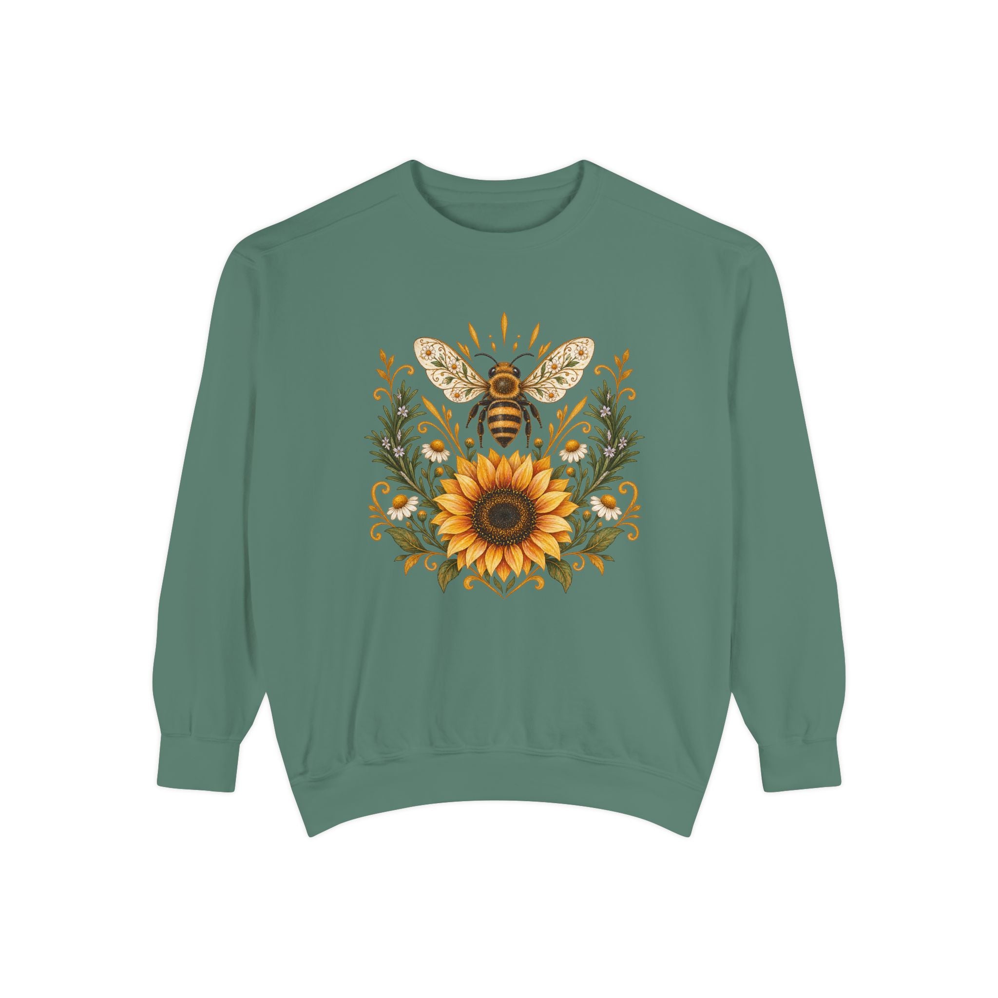Bee & Sunflower Crest Sweatshirt — Garment-Dyed Fleece
