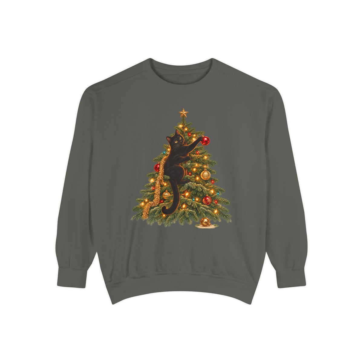 Black cat Christmas sweatshirt in Pepper – a black cat climbing a lit Christmas tree with a gold star, one paw on a red ornament, printed large on the chest of a Comfort Colors crewneck