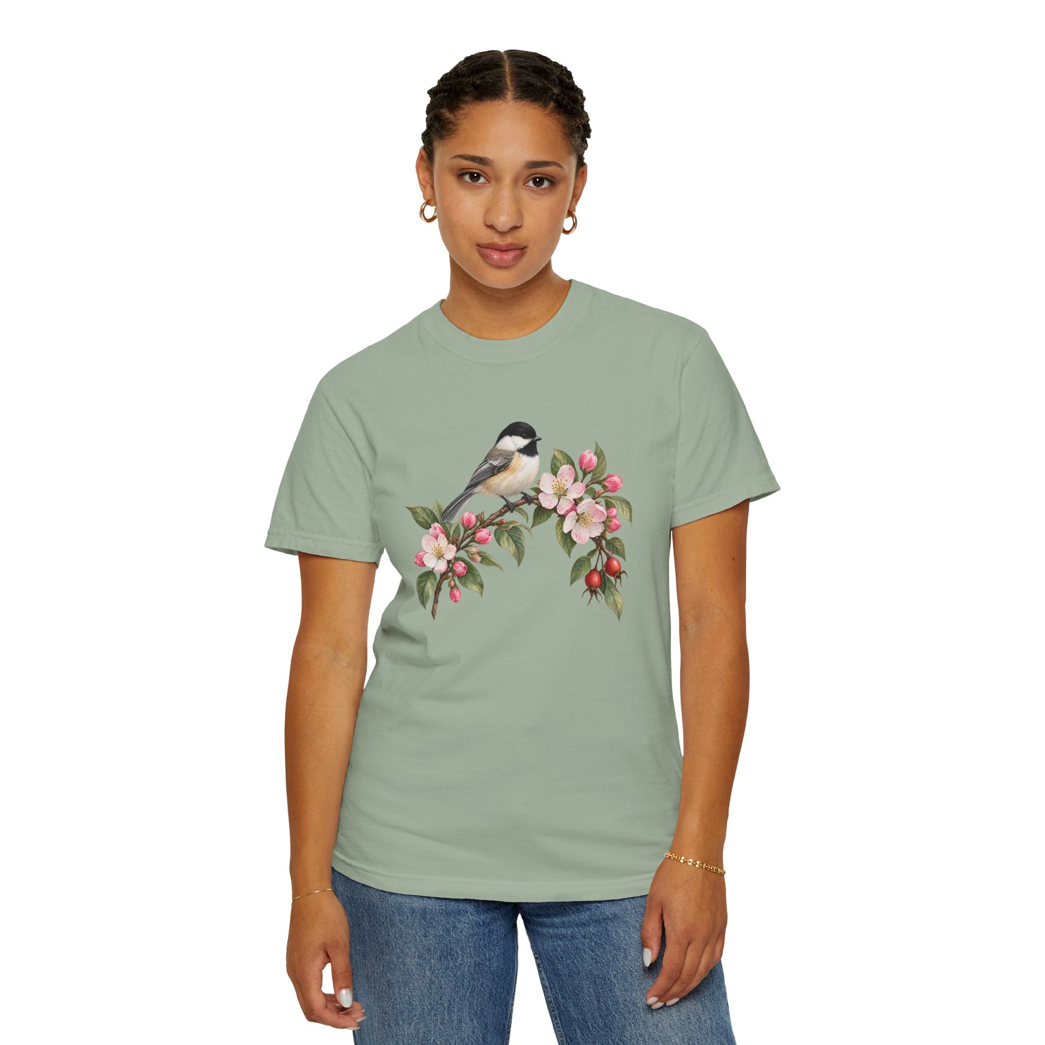 Chickadee & Apple Blossom T-Shirt — Garment-Dyed Cotton