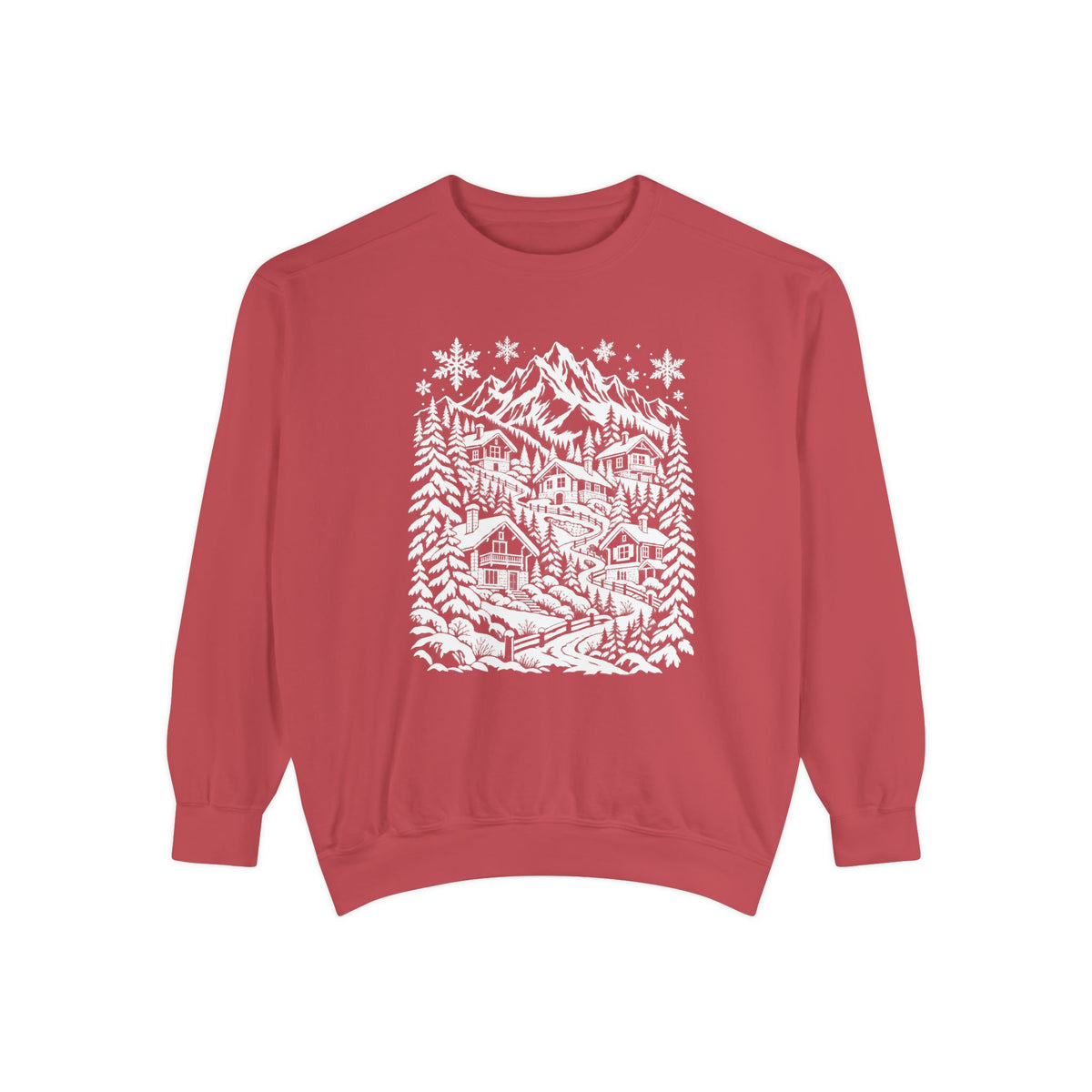 Snowy Mountain Chalets Line Art Sweatshirt — a snow-capped peak above balconied alpine chalets on terraced slopes, snow-laden pines to either side and large snowflakes falling above, drawn in white line art on a garment-dyed Comfort Colors crewneck