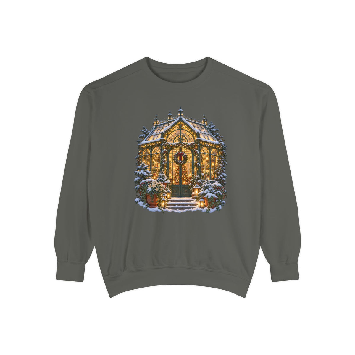 Christmas greenhouse sweatshirt in Pepper, a deep charcoal garment-dyed Comfort Colors 1566 crewneck with a lit snowy conservatory