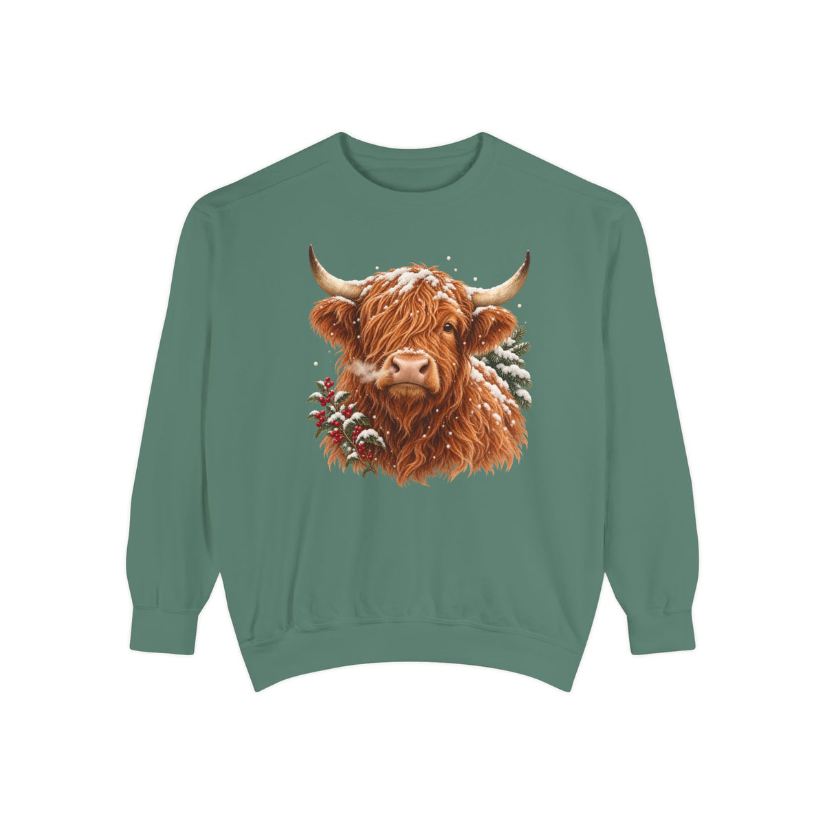 Highland cow sweatshirt in Light Green – a shaggy ginger Highland cow with snow on its fringe, a snowy pine bough and red berries, painted vintage-poster style, printed large on the chest of a Comfort Colors crewneck