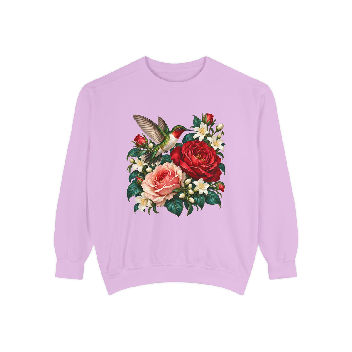 The ruby-throated hummingbird at the roses — iridescent green back, brilliant red throat and a long straight bill, on a garment-dyed Comfort Colors 1566 crewneck sweatshirt