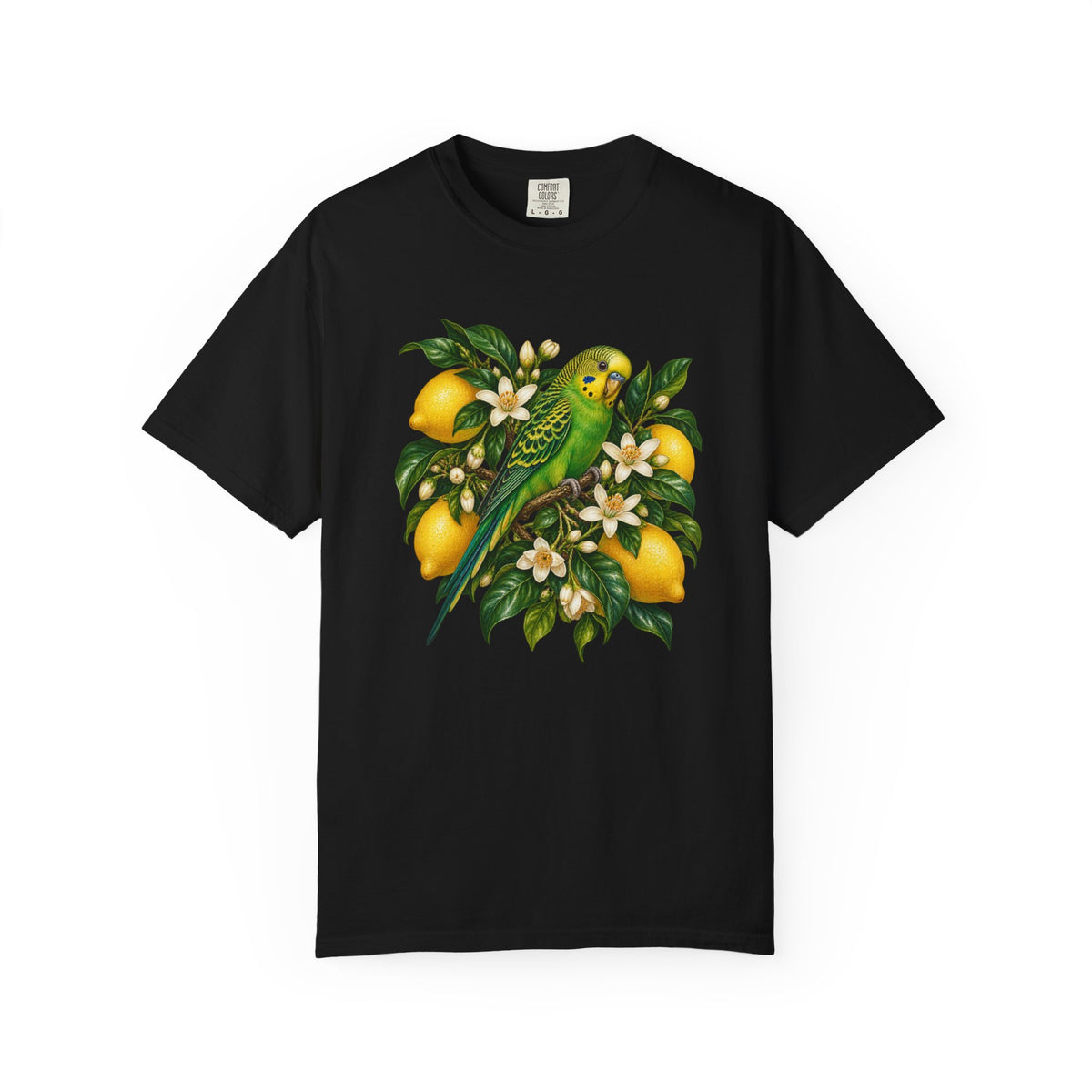 Lemon Tree and Budgie T-Shirt - a green budgerigar perched on a lemon branch among ripe yellow lemons, white citrus blossom and glossy dark leaves