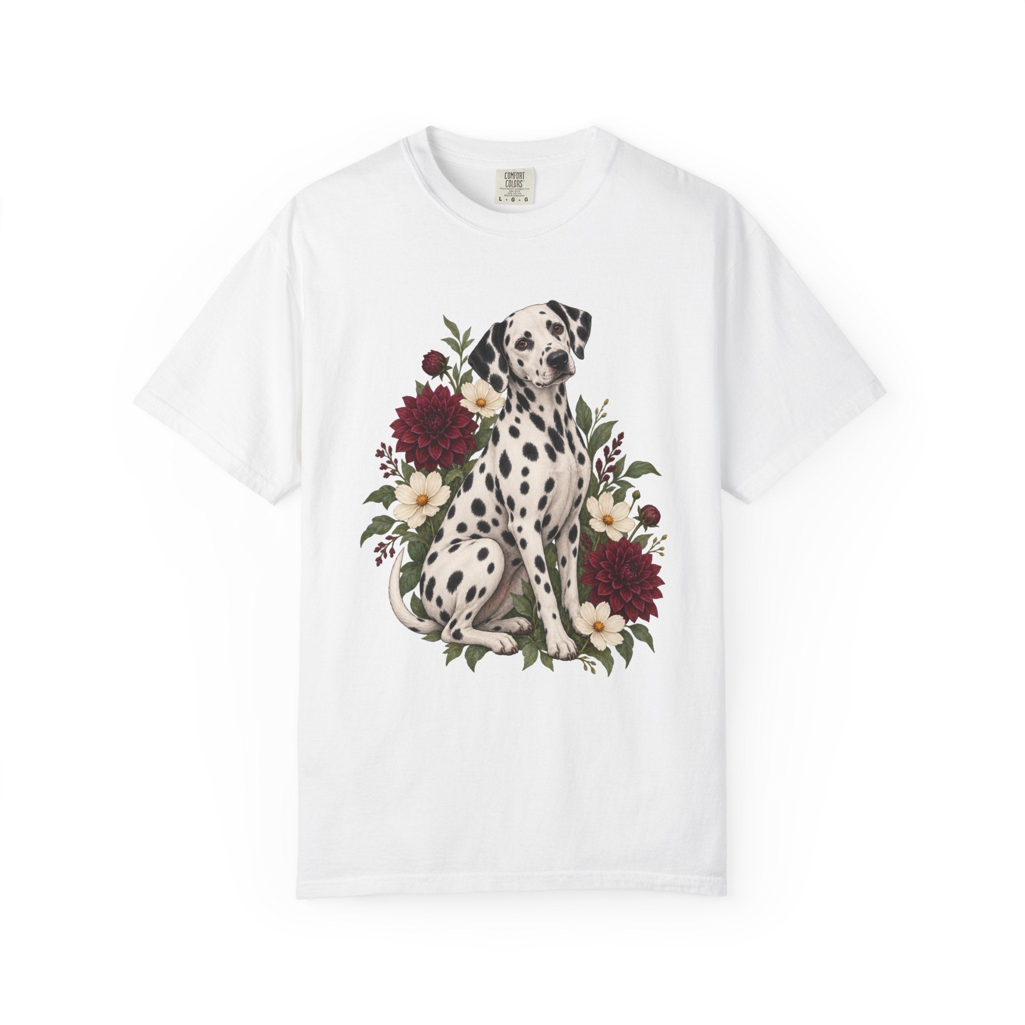 Dalmatian & Dahlia T-Shirt — dalmatian among dahlias on garment-dyed cotton