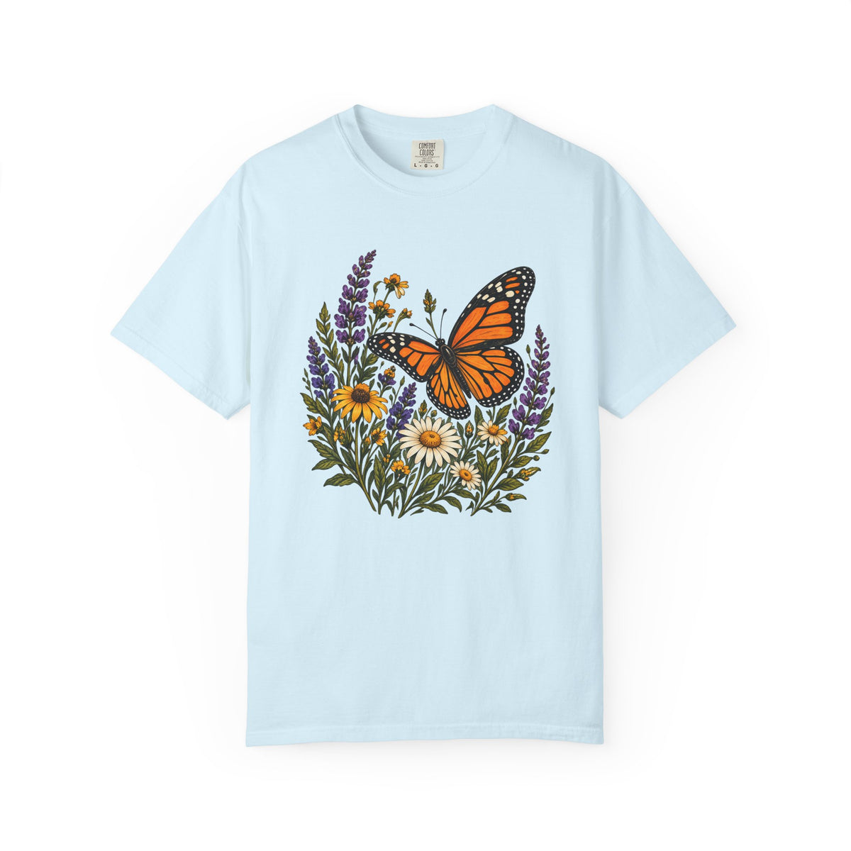 She Brought the Summer tee in Chambray, an orange monarch butterfly on light blue
