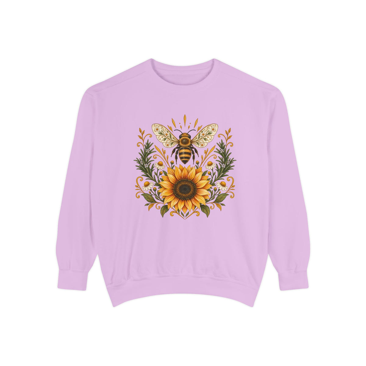 Bee & Sunflower Crest Sweatshirt — Garment-Dyed Fleece