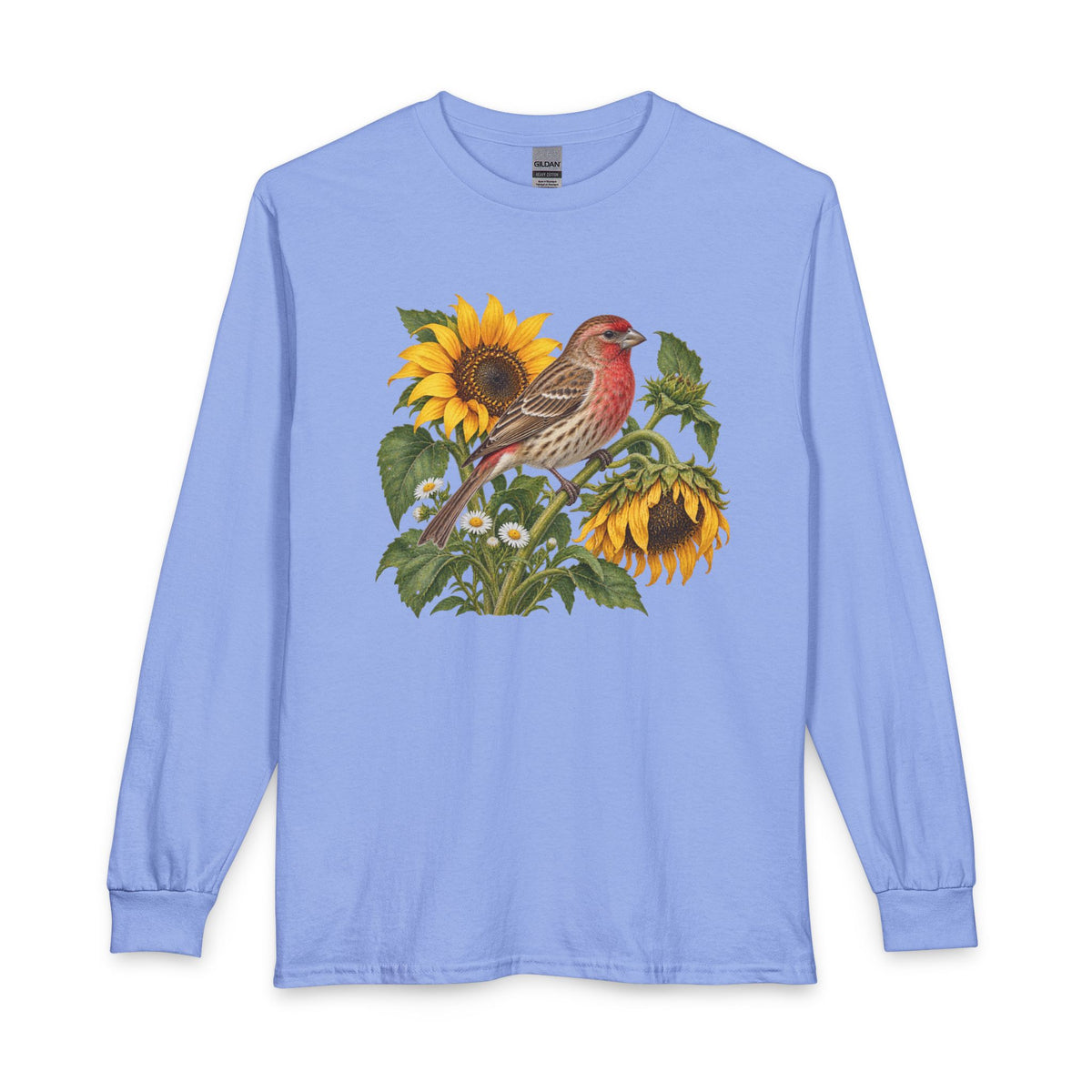 A Little Summer Left long sleeve tee in Carolina Blue, a house finch among golden sunflowers