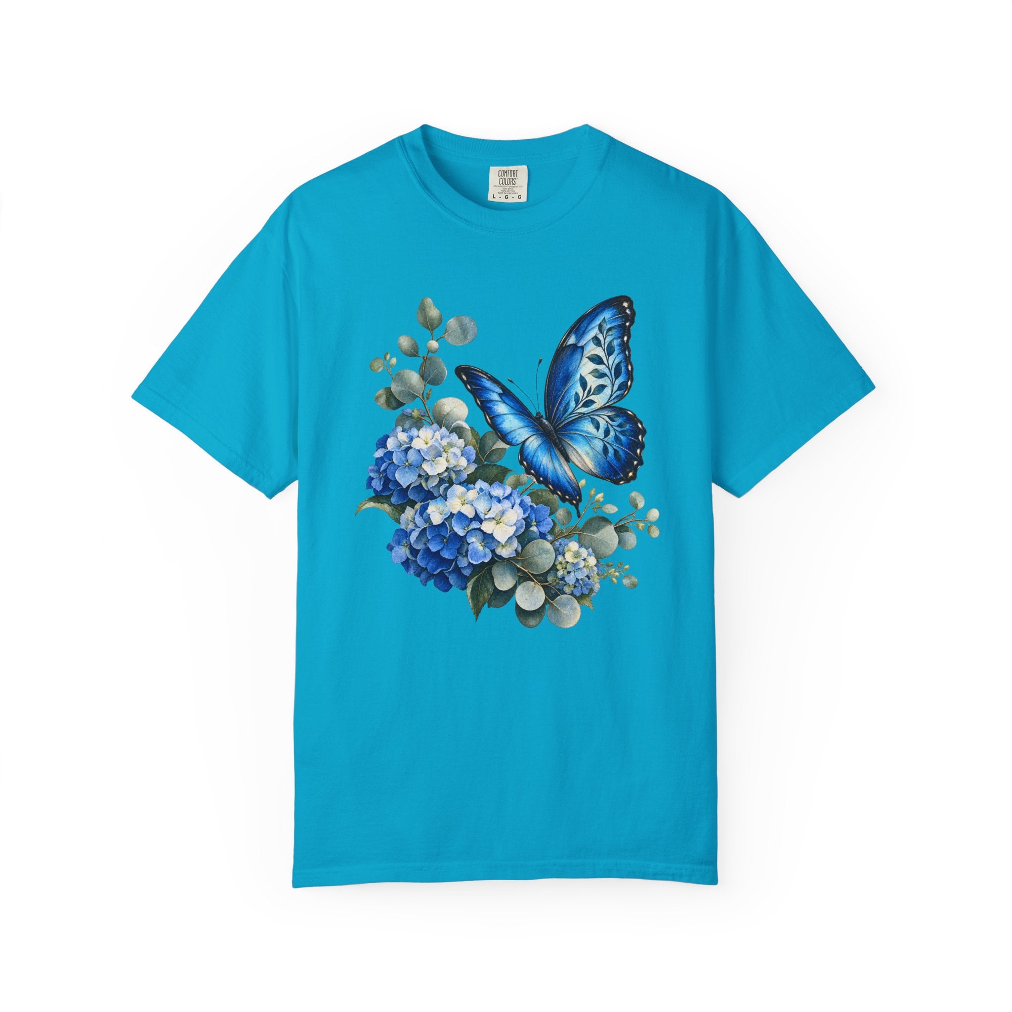 Blue Morpho & Hydrangea T-Shirt — Garment-Dyed Cotton