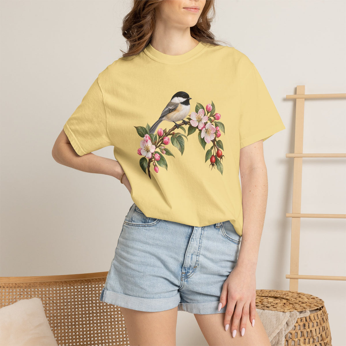 Chickadee & Apple Blossom T-Shirt — Garment-Dyed Cotton