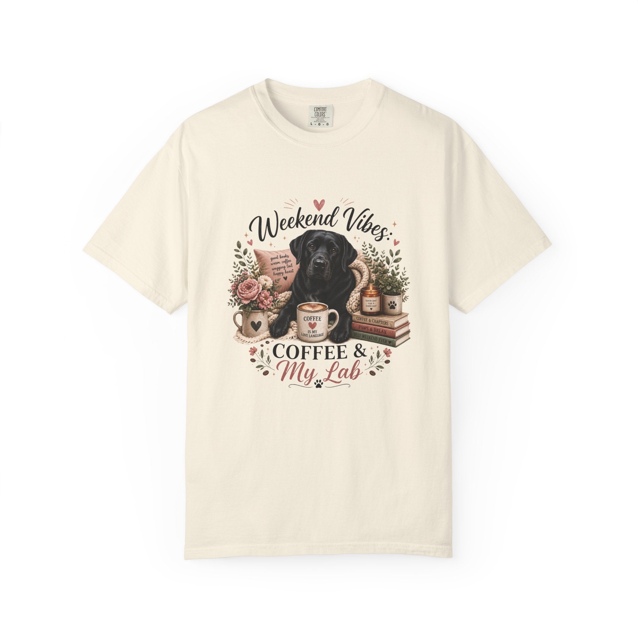 Weekend Vibes Coffee and My Lab Comfort Colors Shirt, Black Lab Mom Gift, Labrador Tee, Coffee Dog Lover, Cozy Dog Mom Shirt