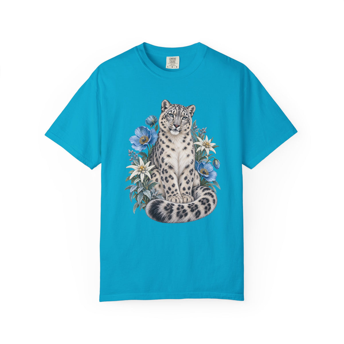Snow Leopard & Blue Poppy T-Shirt — front print on relaxed unisex garment-dyed tee
