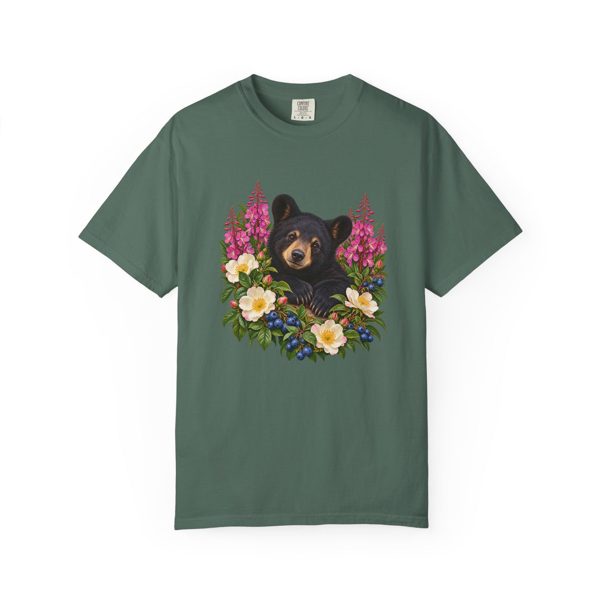 Black bear cub among fireweed, wild roses and blueberries - vintage botanical illustration printed large and centered on the chest, not a back print