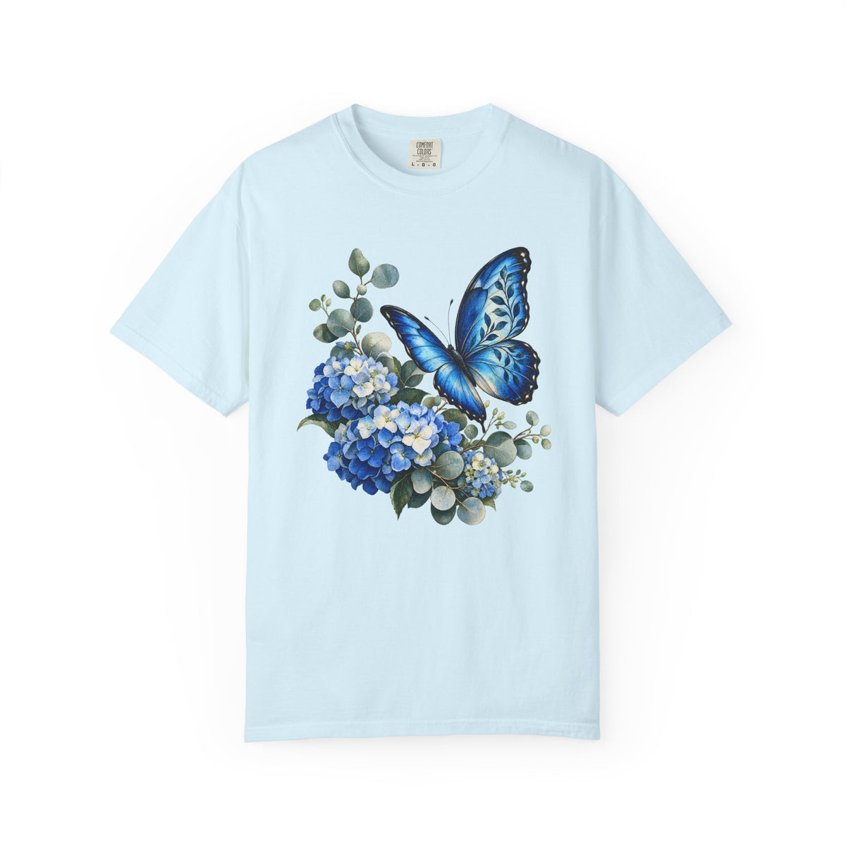 Blue Morpho & Hydrangea T-Shirt — Garment-Dyed Cotton