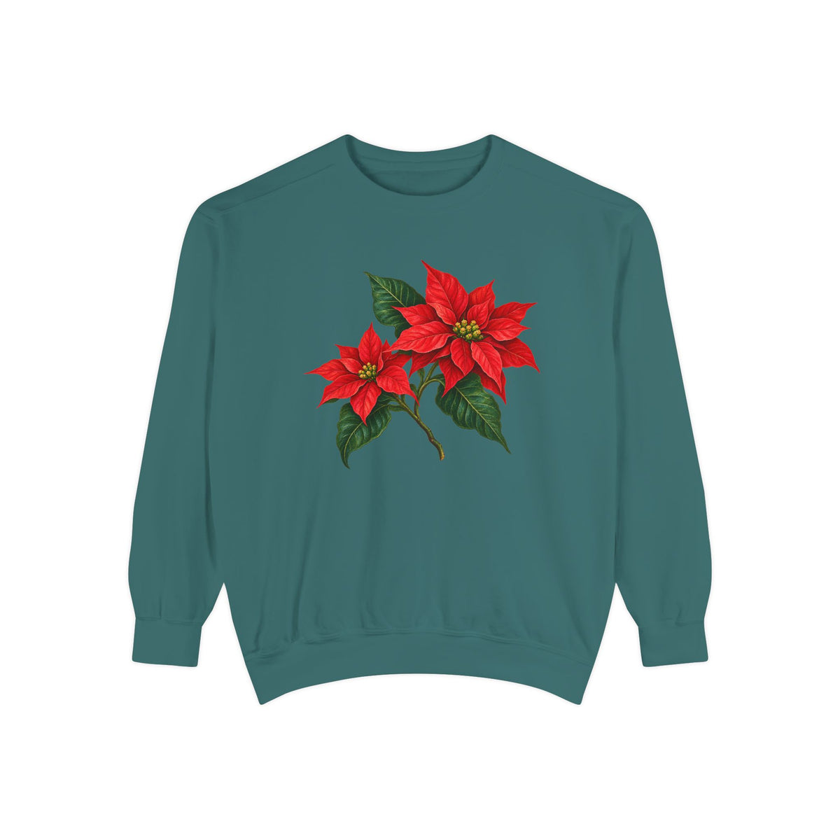 Poinsettia sweatshirt in Blue Spruce, front view