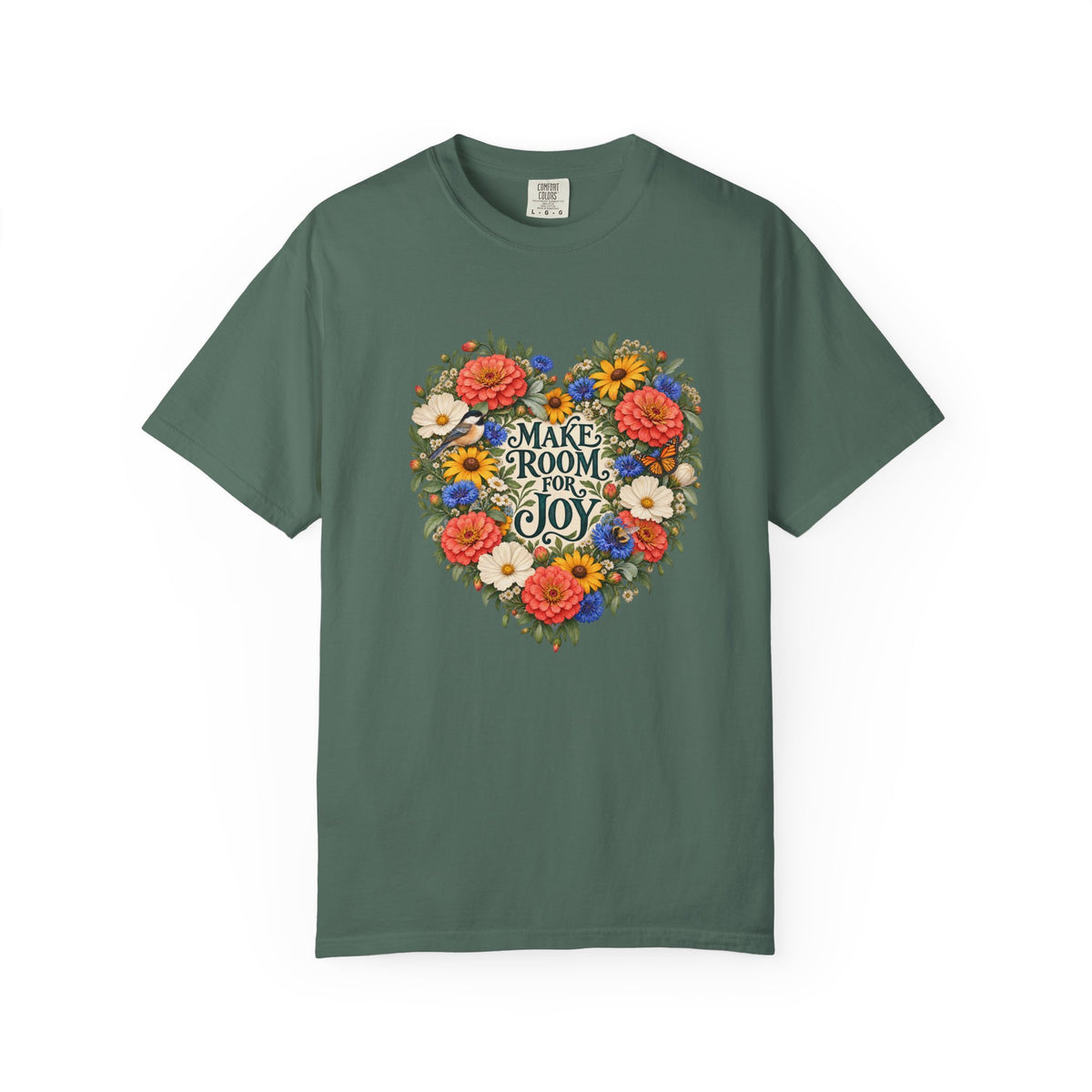 Make Room for Joy Floral T-Shirt - the words Make Room for Joy lettered at the centre of the floral arrangement