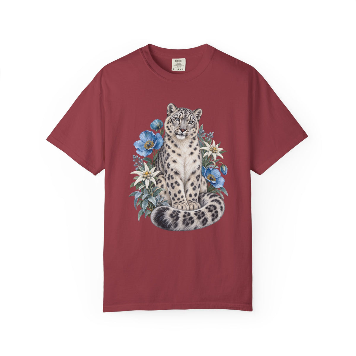 Snow Leopard & Blue Poppy T-Shirt — botanical wildlife tee, front view