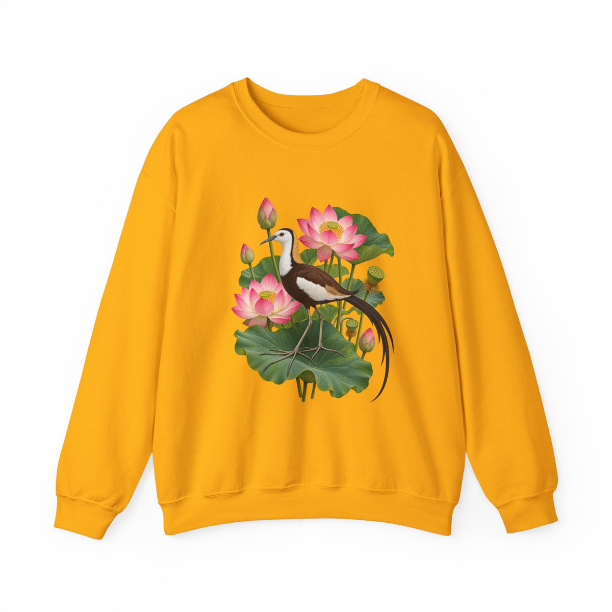 Lightly, She Goes crewneck sweatshirt, a long-tailed waterbird among pink lotus blossoms, buds, seed pods and broad green leaves, image 2 of 28