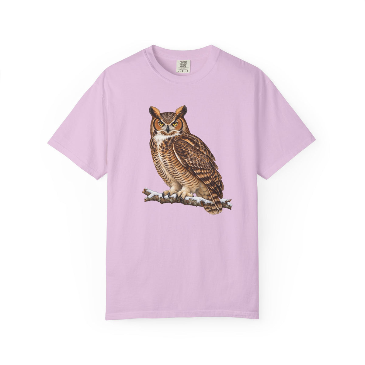 Great horned owl t-shirt in Orchid – front view of the watercolor owl on a pale lavender-pink Comfort Colors 1717 tee