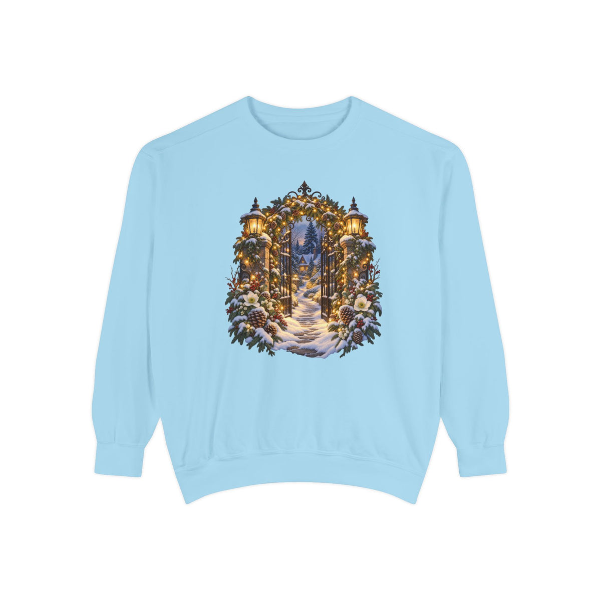 Christmas garden gate sweatshirt in Chambray, a muted mid-blue garment-dyed Comfort Colors 1566 crewneck with a snowy lantern-lit garden gate