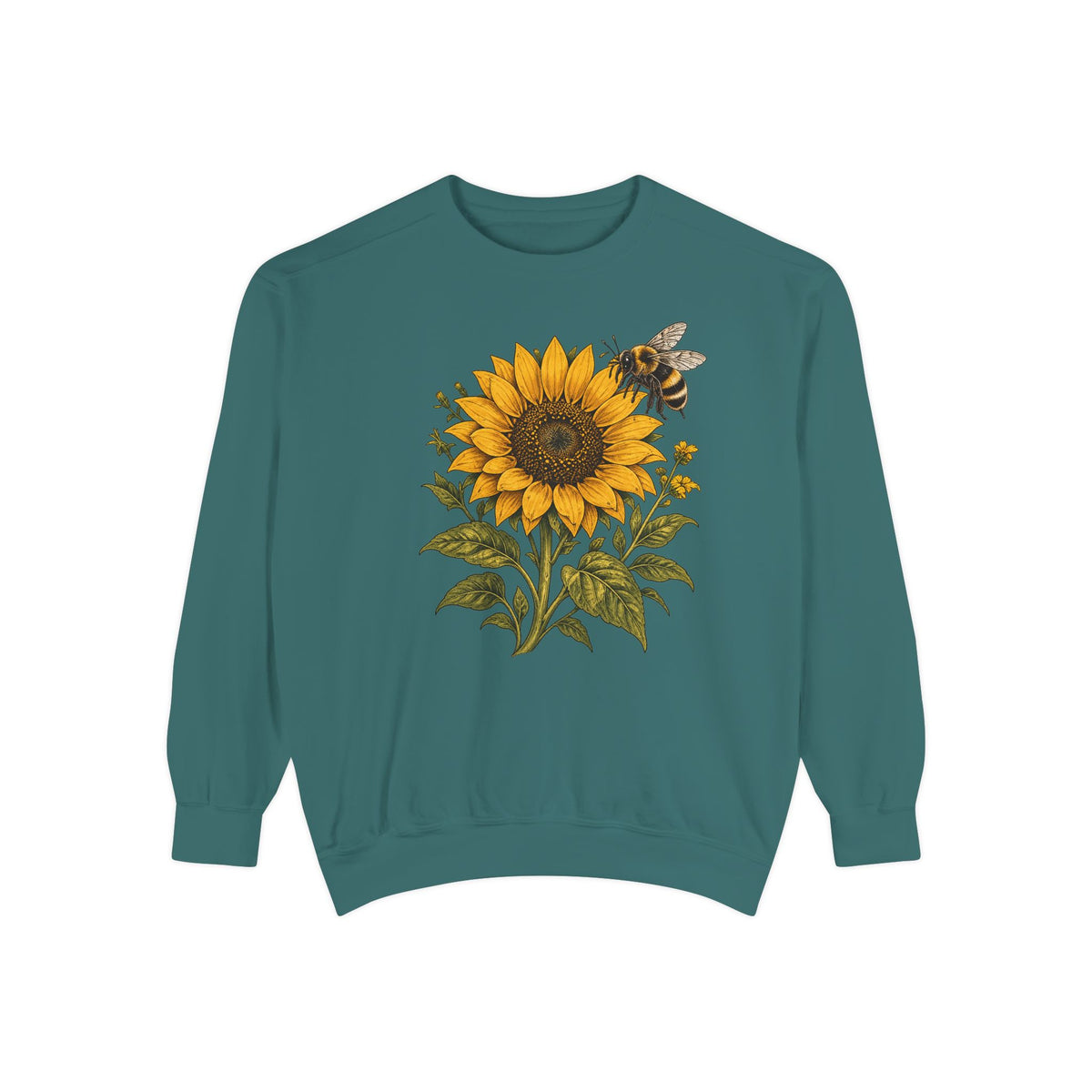 Sunflower and bumblebee sweatshirt in Blue Spruce, a deep forest green garment-dyed Comfort Colors 1566 crewneck with a golden sunflower and hovering bumblebee