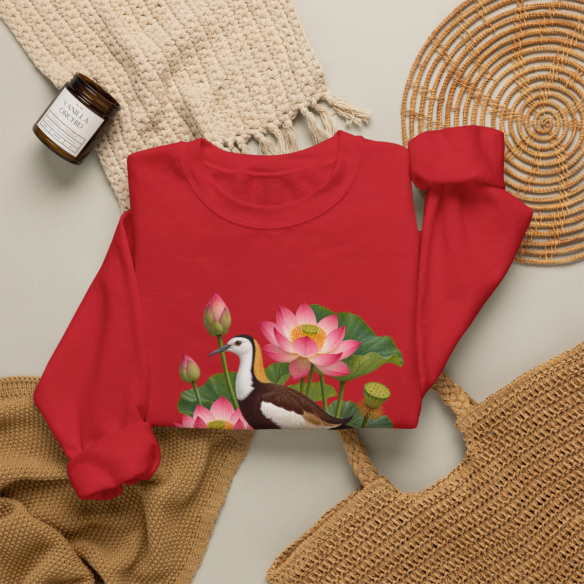 Lightly, She Goes crewneck sweatshirt, a long-tailed waterbird among pink lotus blossoms, buds, seed pods and broad green leaves, image 26 of 28