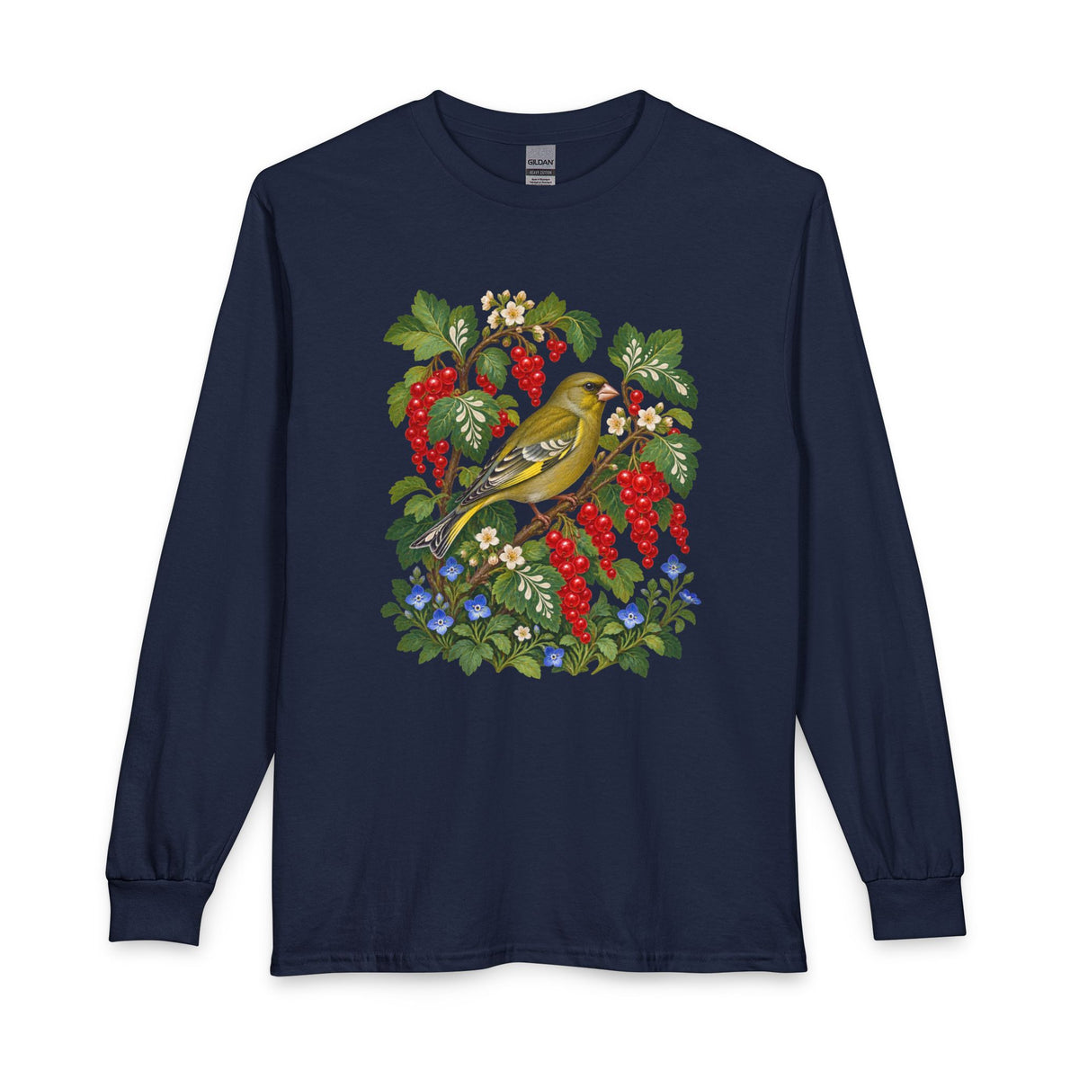 Red Currant & Songbird Long-Sleeve T-Shirt — unisex cotton long sleeve, sizes S to 3XL, made to order in the USA