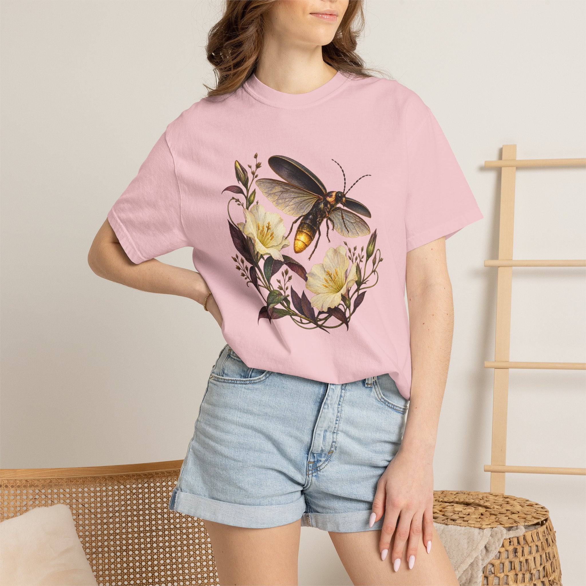 Firefly & Evening Primrose T-Shirt — botanical night design, worn