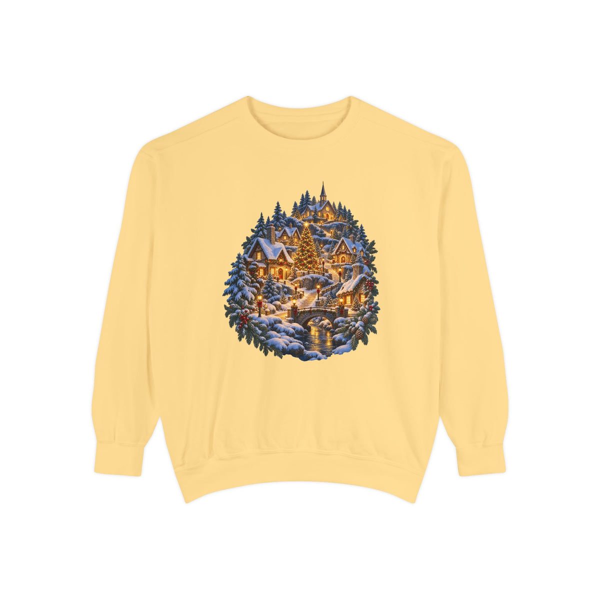Small town Christmas sweatshirt in Butter, a soft pale yellow garment-dyed Comfort Colors 1566 crewneck with a snowy hillside village and lit church