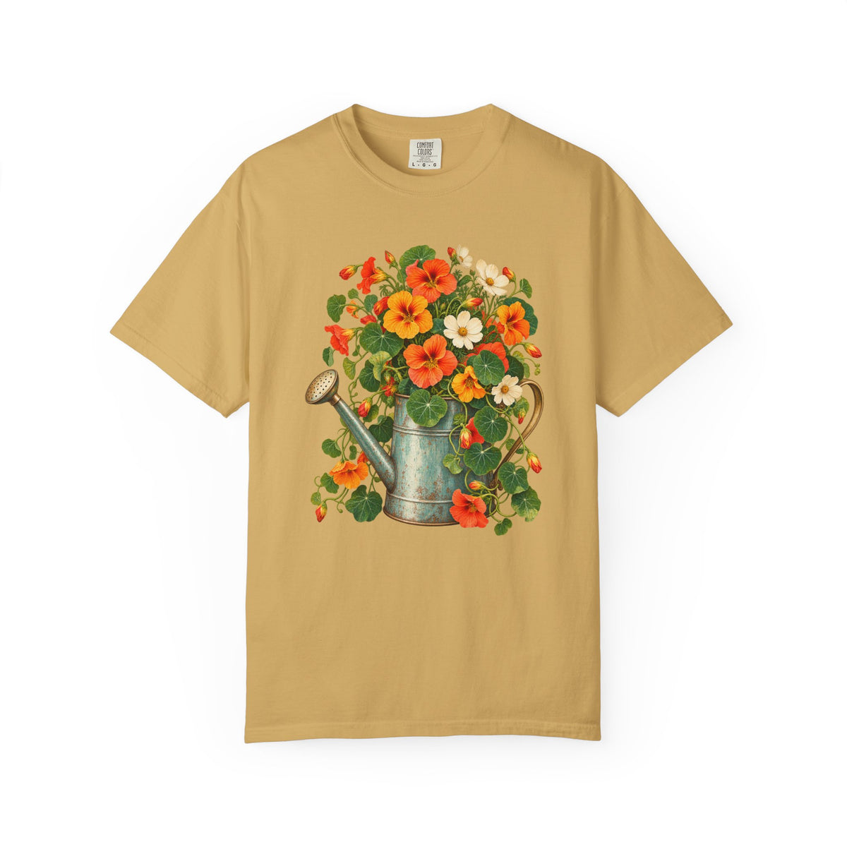 The nasturtium and watering can illustration, front-centered chest print on a garment-dyed Comfort Colors 1717 tee