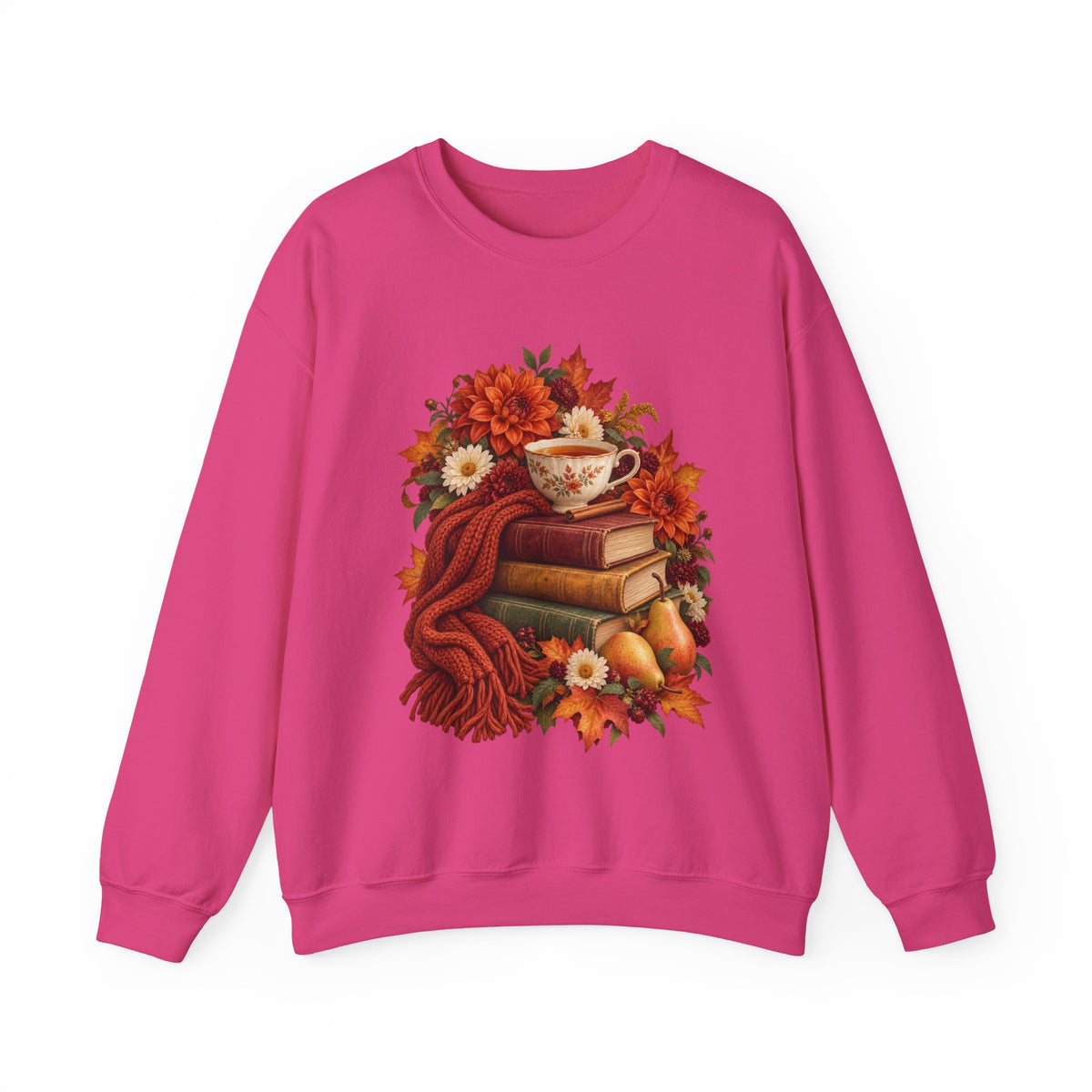 Just One More Chapter crewneck sweatshirt, a floral teacup resting on a stack of vintage books with pears, autumn flowers and a rust-colored scarf, image 7 of 14