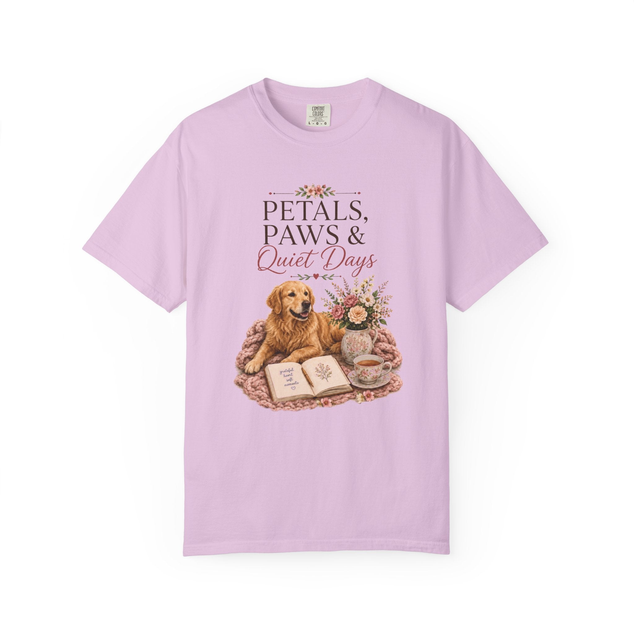 Petals Paws and Quiet Days tee folded view