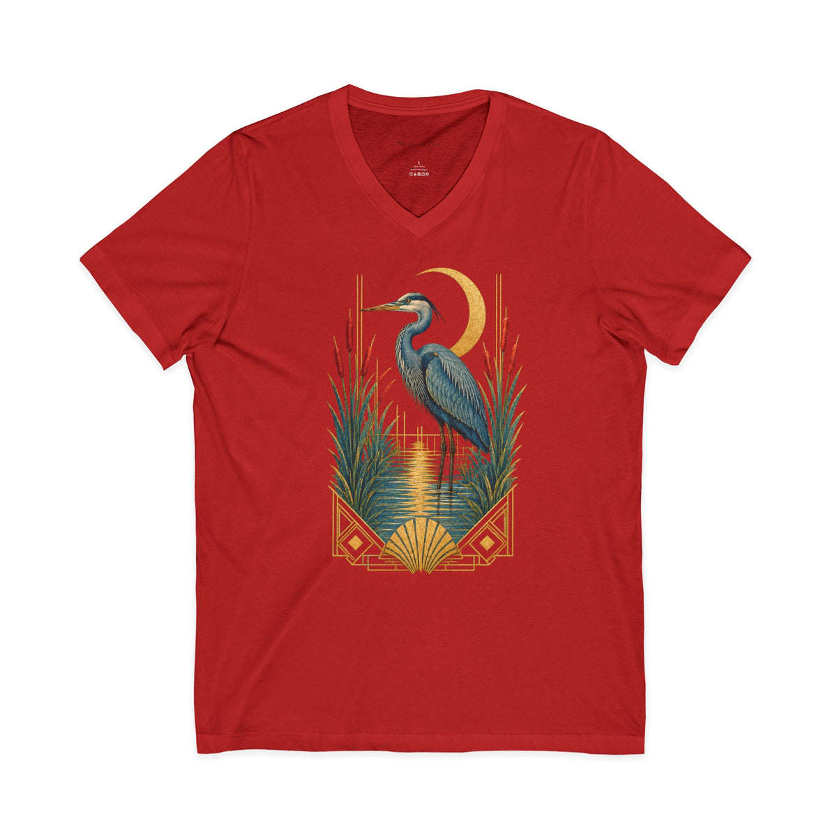 Art Deco Heron & Cattails V-Neck T-Shirt