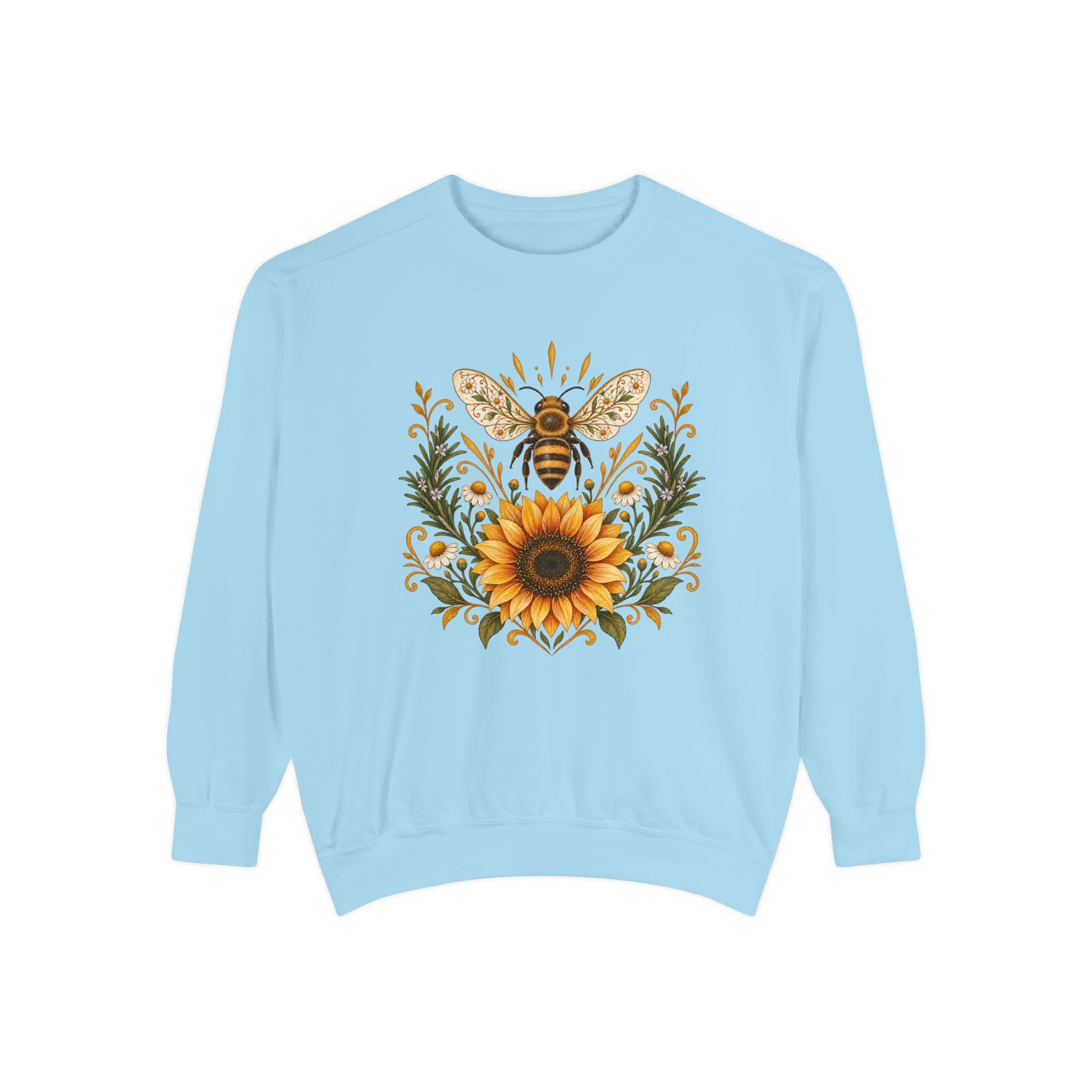 Bee & Sunflower Crest Sweatshirt — Garment-Dyed Fleece