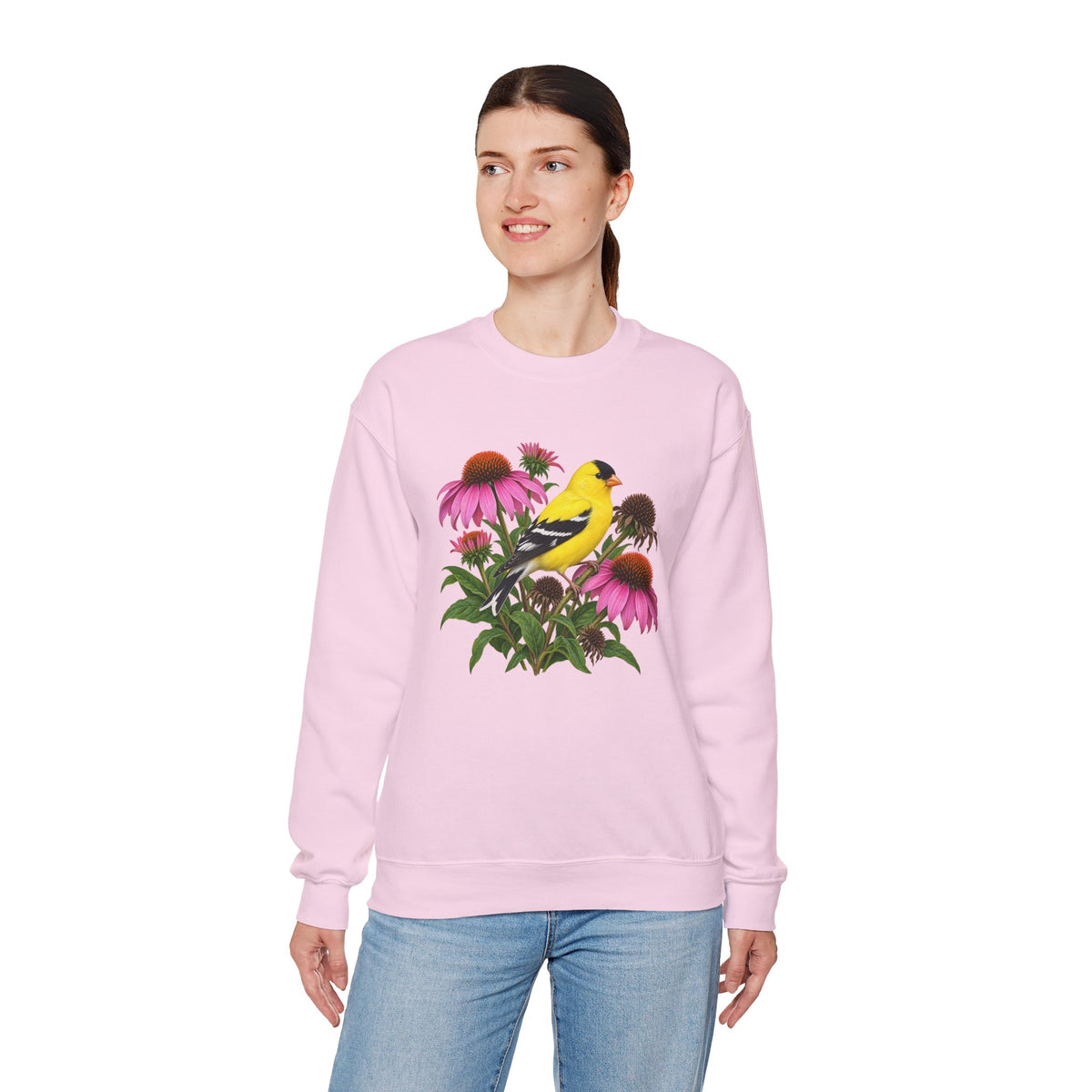A Small Bright Thing crewneck sweatshirt, a golden-yellow American goldfinch among pink coneflowers, seed heads and green leaves, image 22 of 22