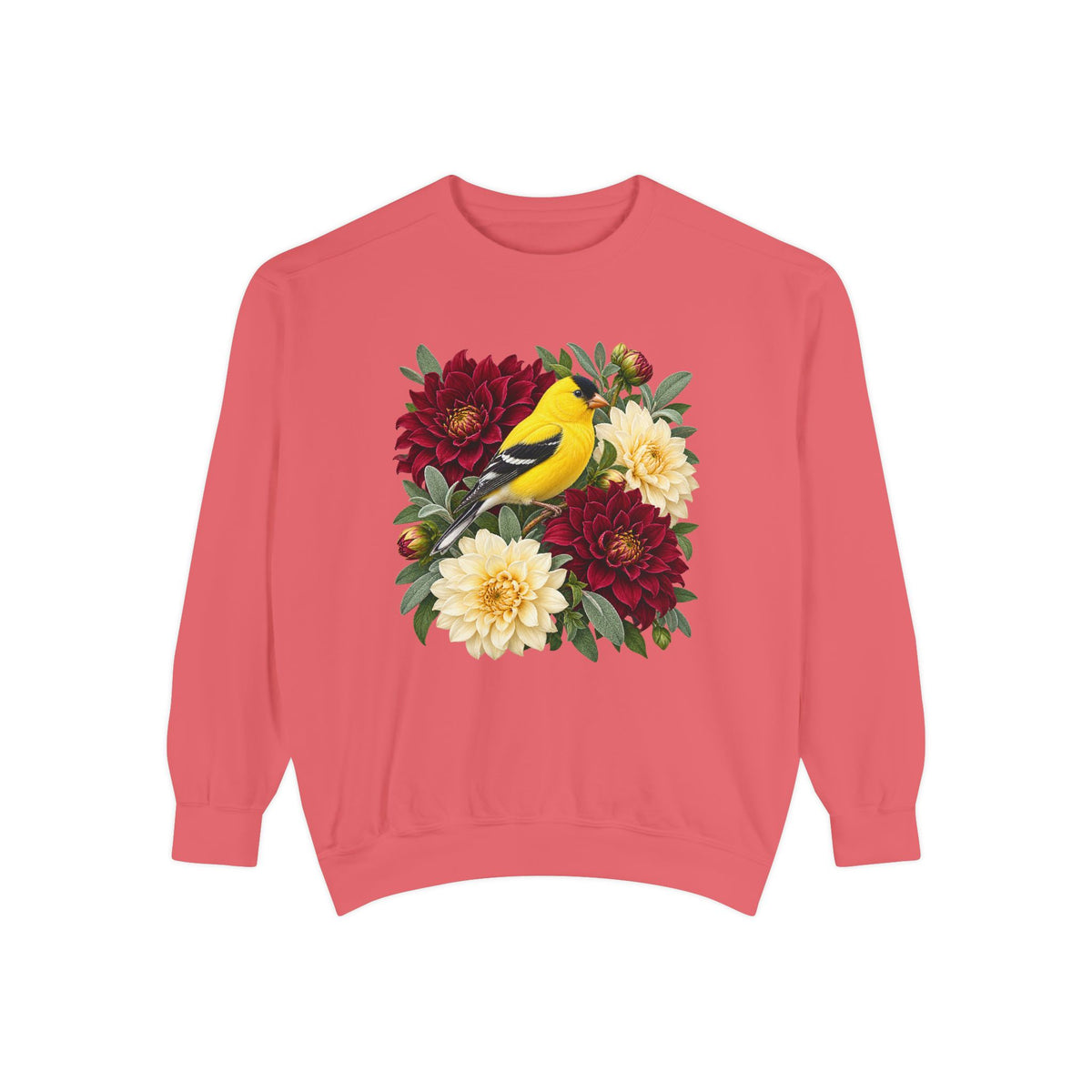 Goldfinch and dahlia design — a printed graphic, not embroidery and not an applique patch, on a Comfort Colors crewneck